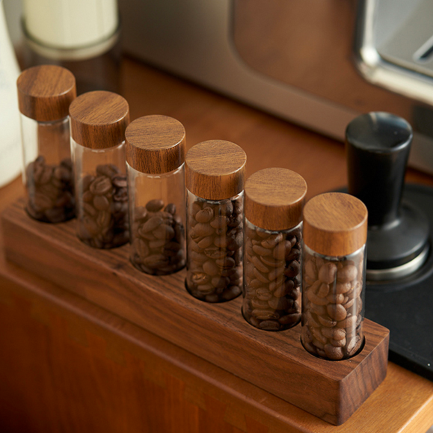 Single Dosing Beans Cellar with Walnut Wood Display Rack