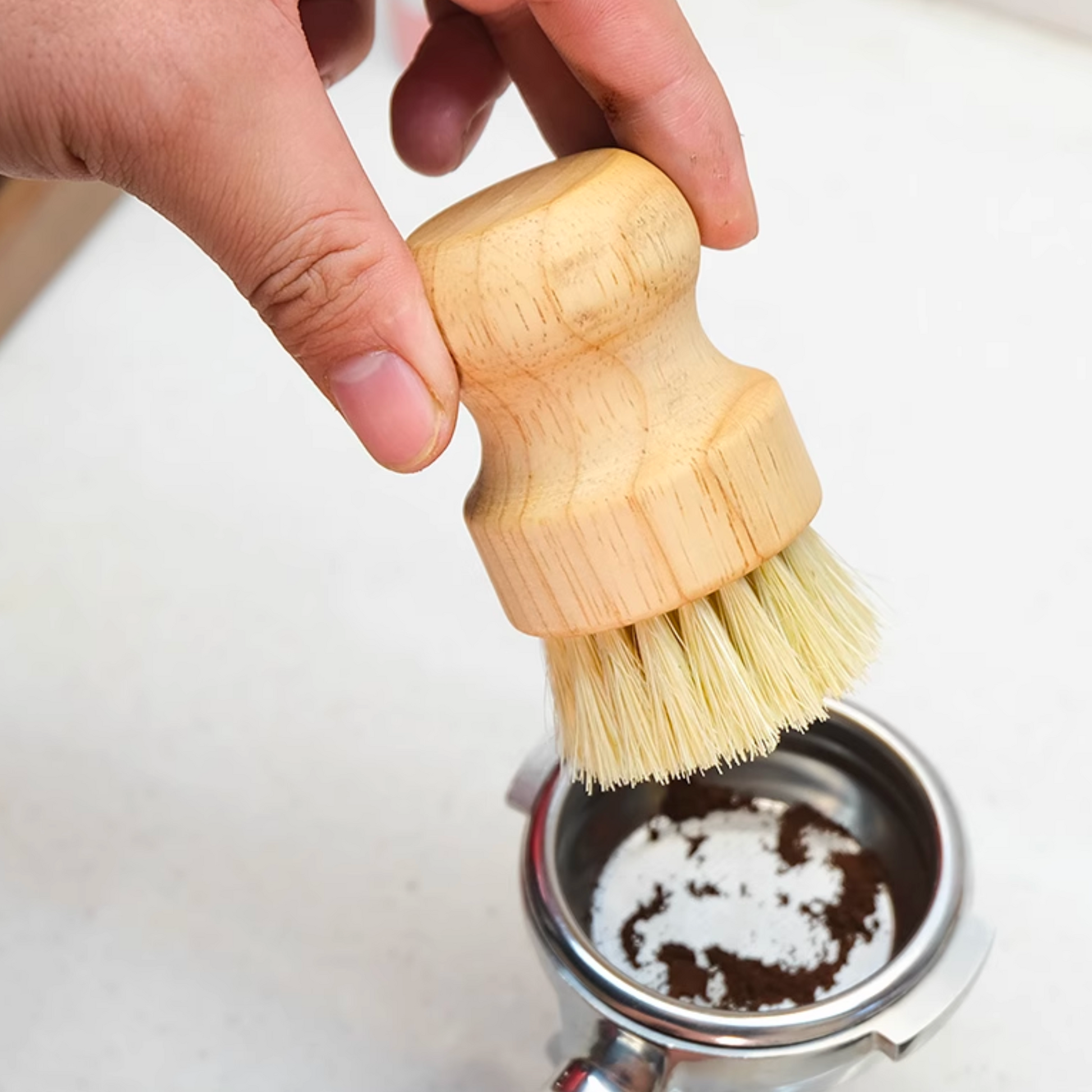 Keep your portafilter basket clean with this eco-friendly brush, made from natural wood and sisal, perfect for any home cafe
