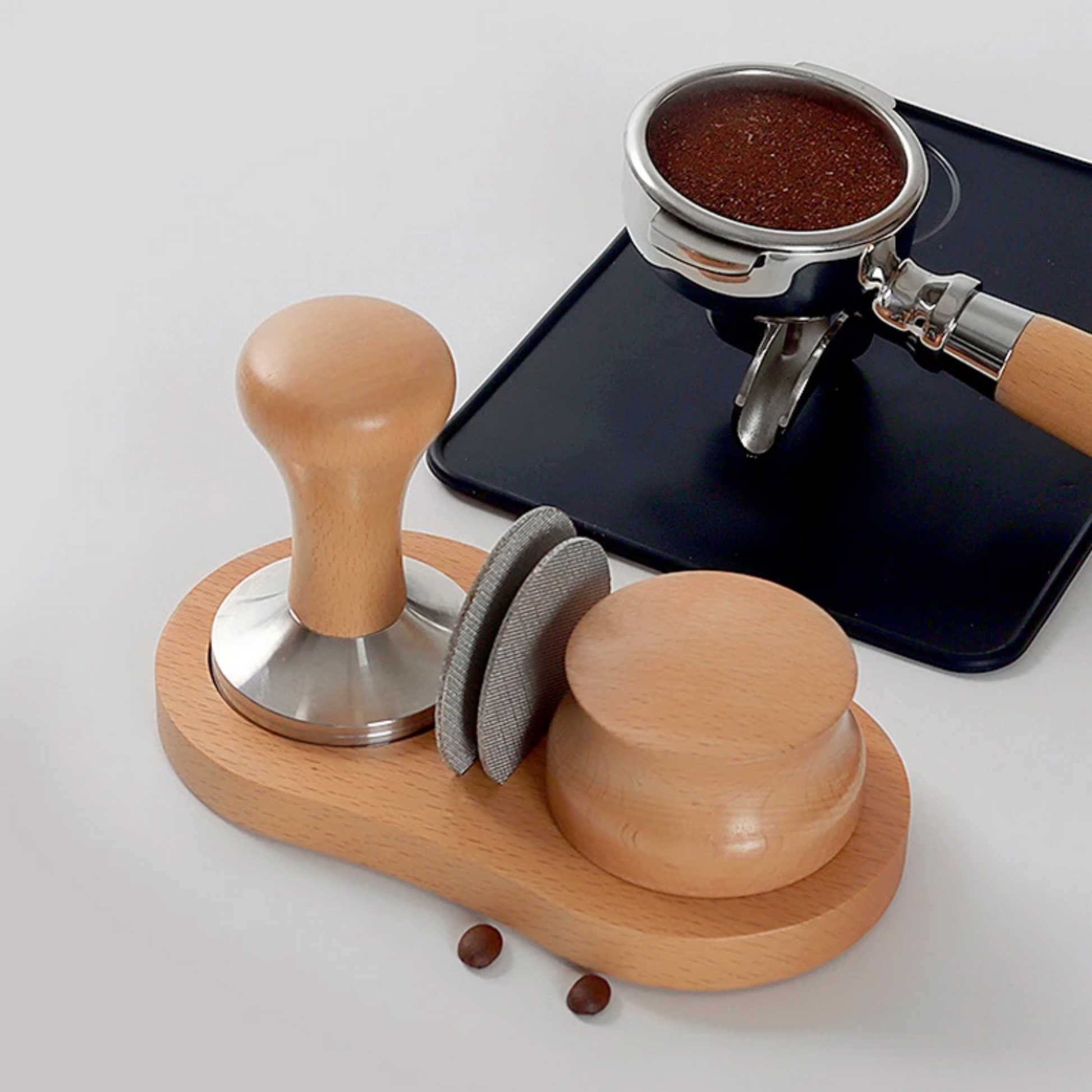 5pcs Espresso Tamper Distributor Set: Crafted in beech/light wood, this premium set includes tamper, distributor, puck screen, and stand. Gift idea for home baristas