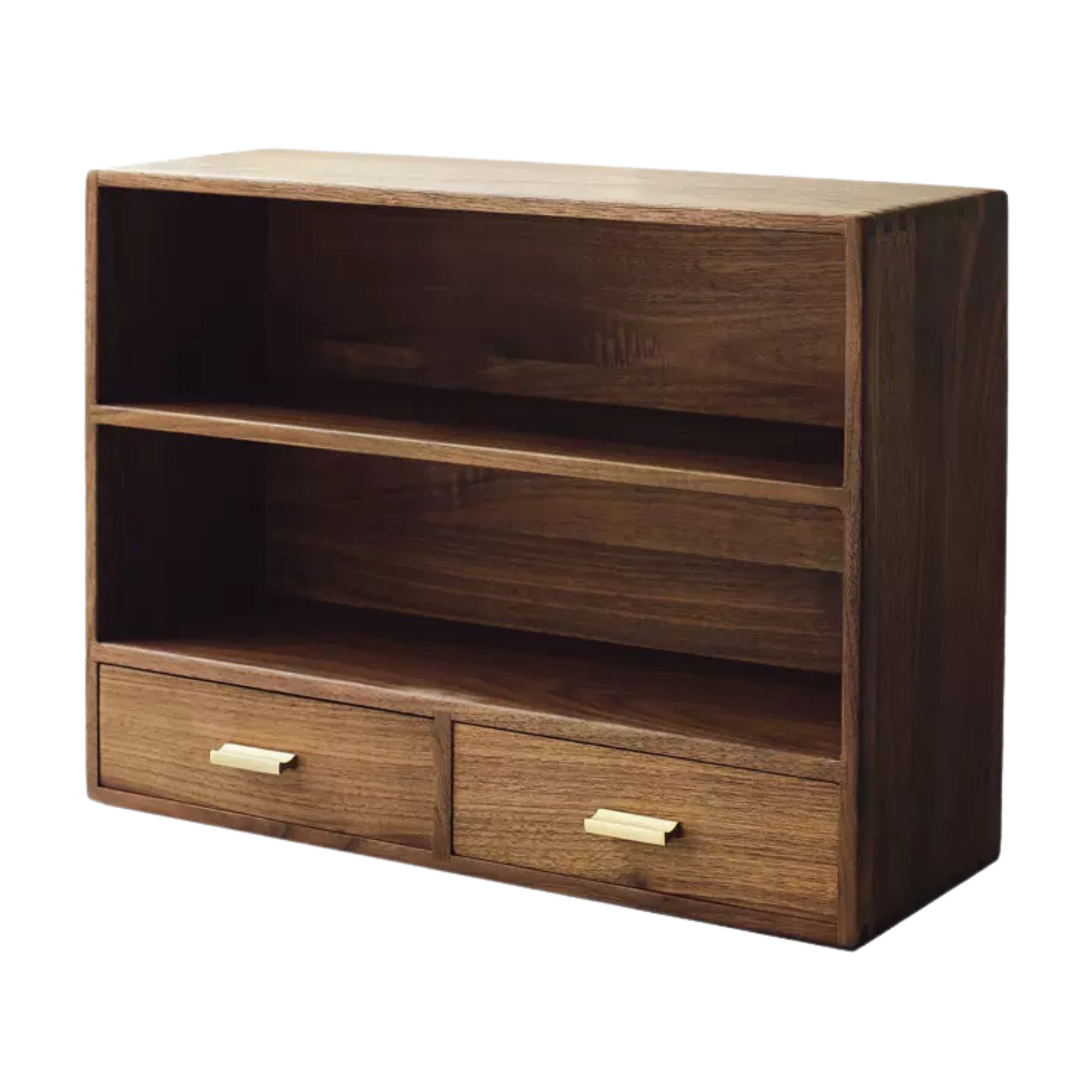 Walnut Wood Double Shelf With Drawers | Large Rustic 2 Tier Storage Cabinet 52 x 18 x 38.5cm