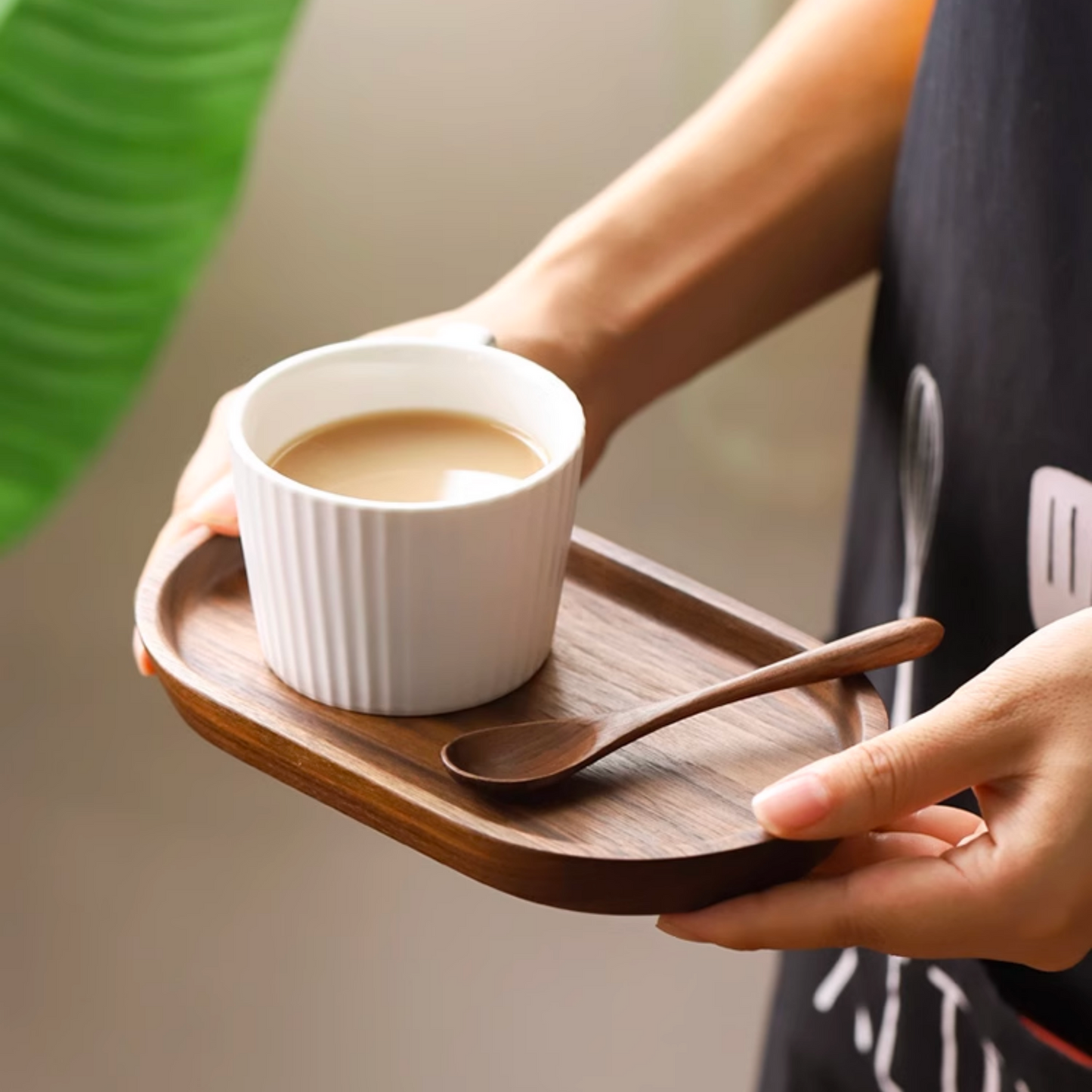 Wooden Oval Tray Set | Ceramic Cup, Teaspoon & Wood Tray Gift Set