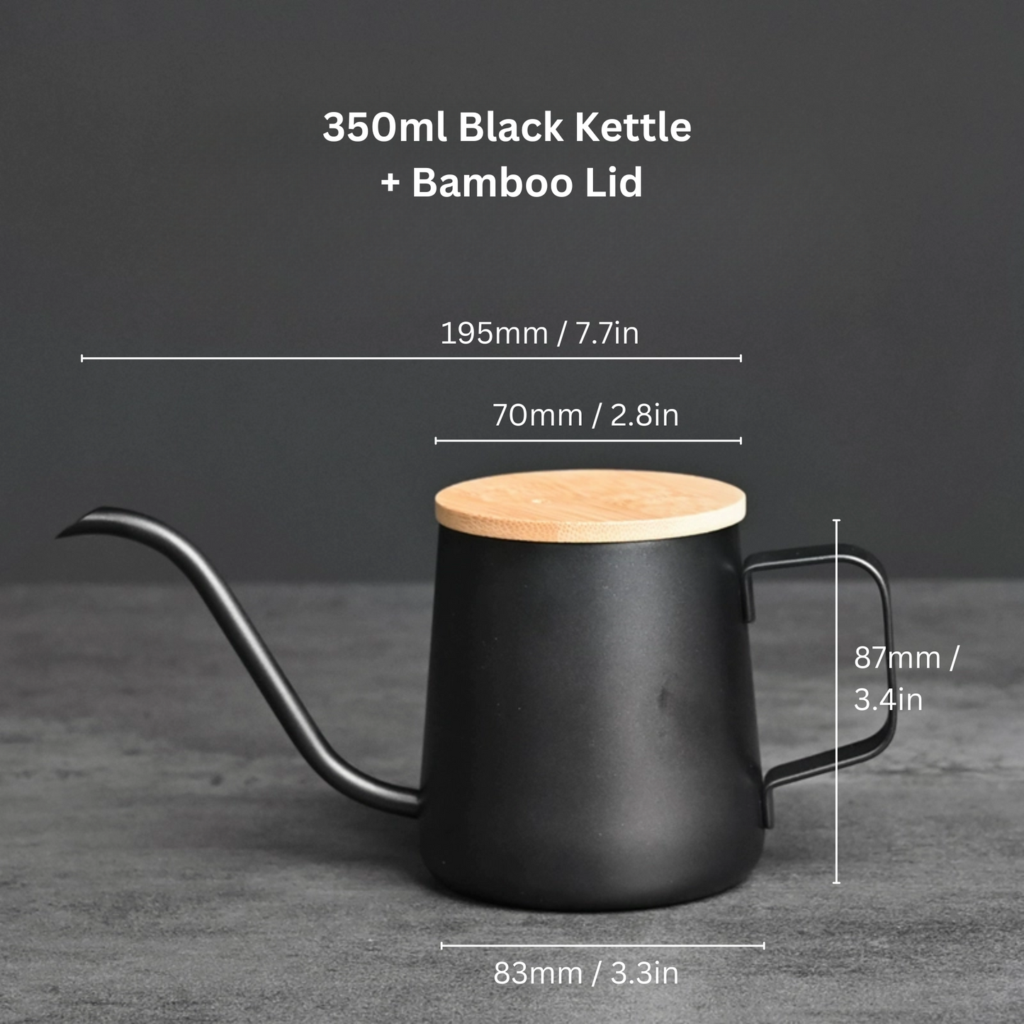 Black Pour Over Coffee Kettle With Bamboo Lid | Gooseneck Drip Kettle 250ml / 350ml