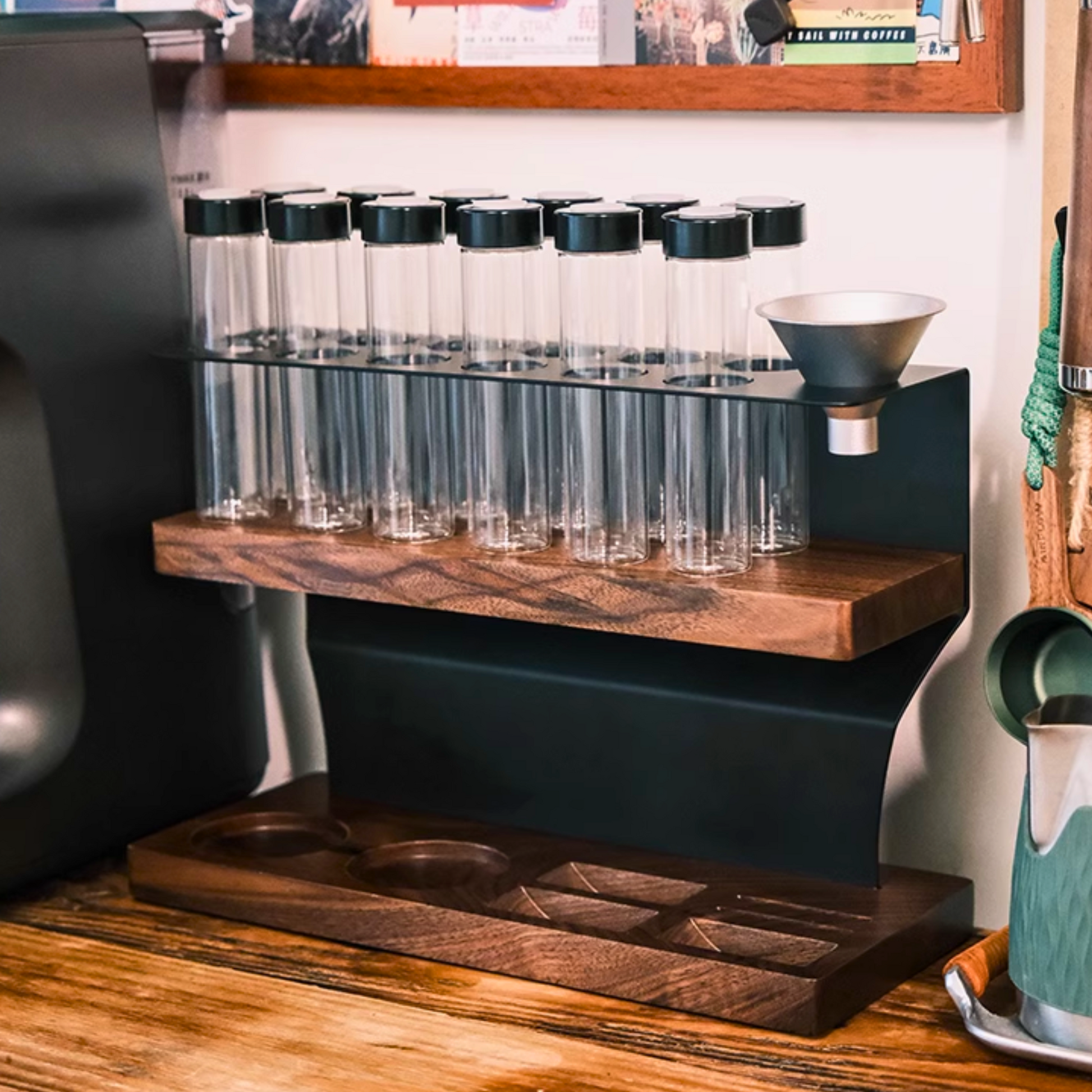 Barista Accessories Coffee Beans Storage Container Display Rack Walnut Tea Tube Bottle Glass Espresso Coffee Accessories Coffee Bean and Espresso Tools Storage Rack Set