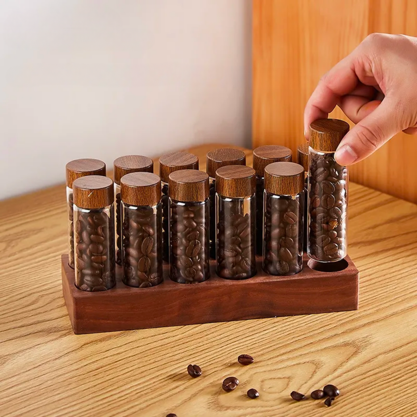 Single Dosing Beans Cellar with Walnut Wood Display Rack