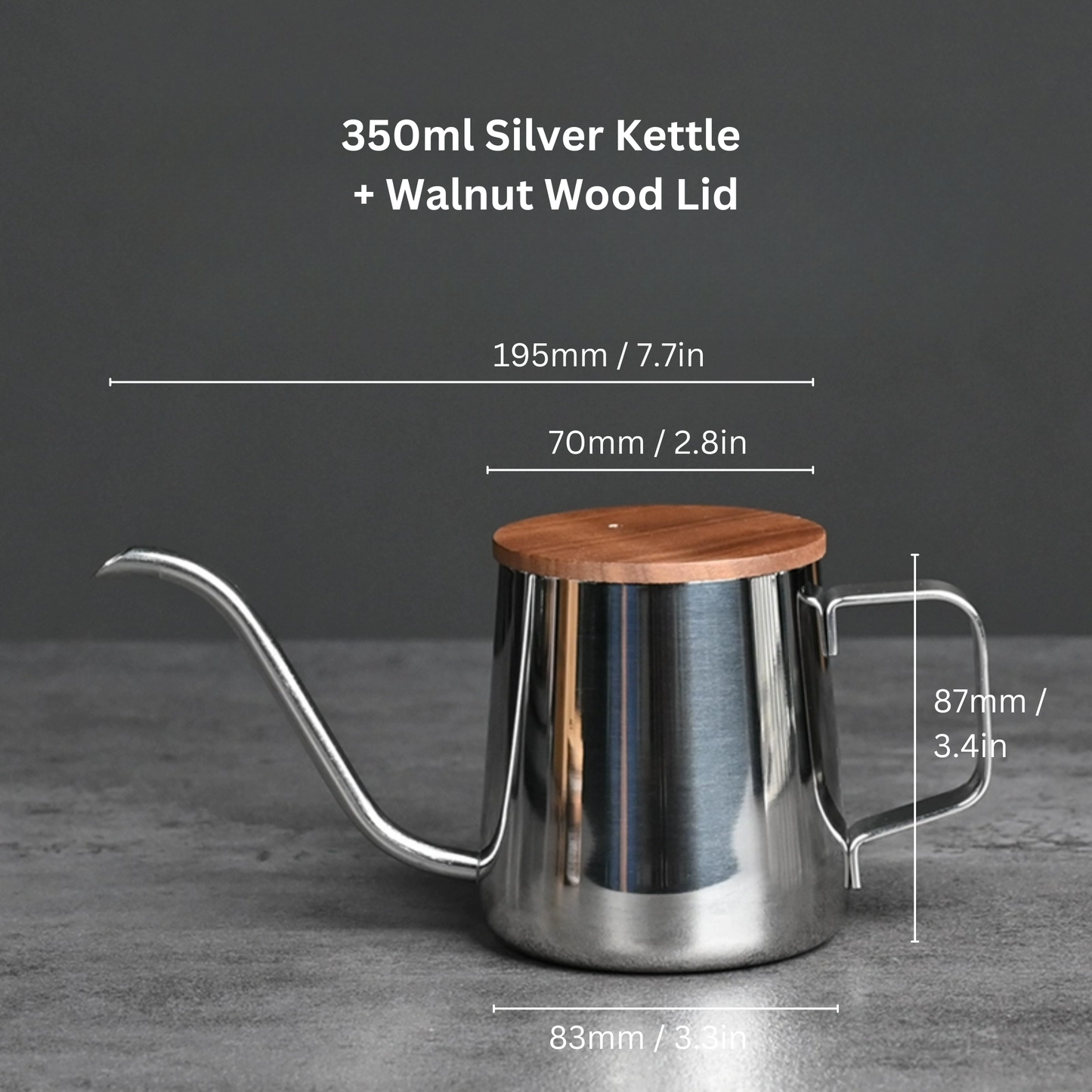 Silver Pour Over Coffee Kettle With Walnut Wood Lid | Gooseneck Drip Kettle 250ml / 350ml