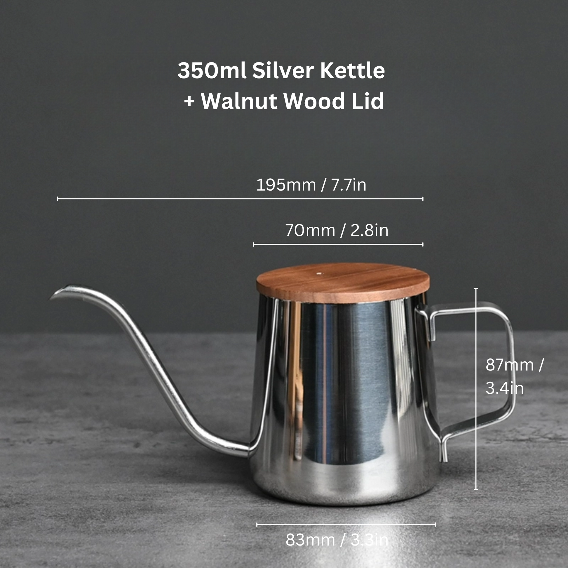 Silver Pour Over Coffee Kettle With Walnut Wood Lid | Gooseneck Drip Kettle 250ml / 350ml