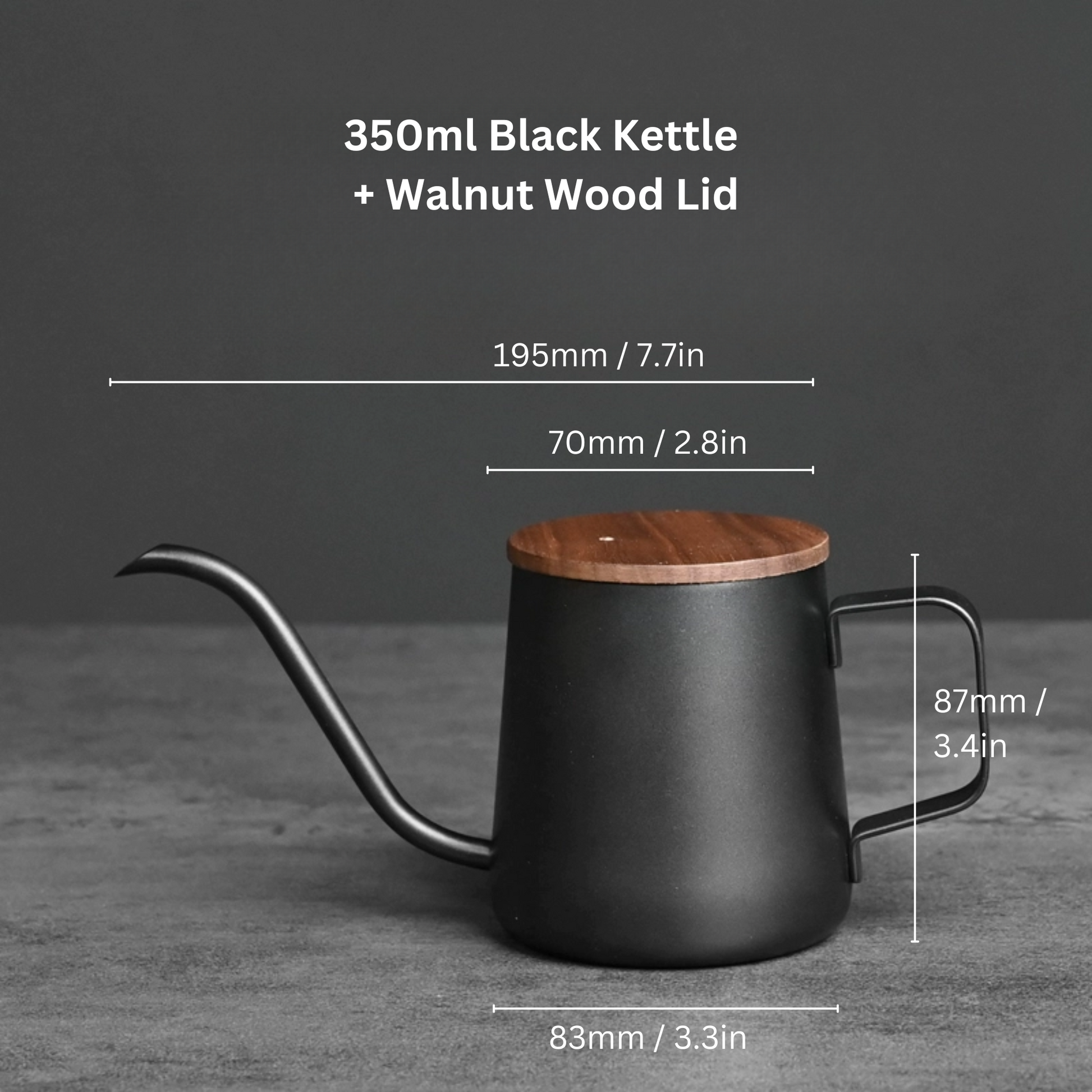 Black Pour Over Coffee Kettle With Walnut Wood Lid | Gooseneck Drip Kettle 250ml / 350ml