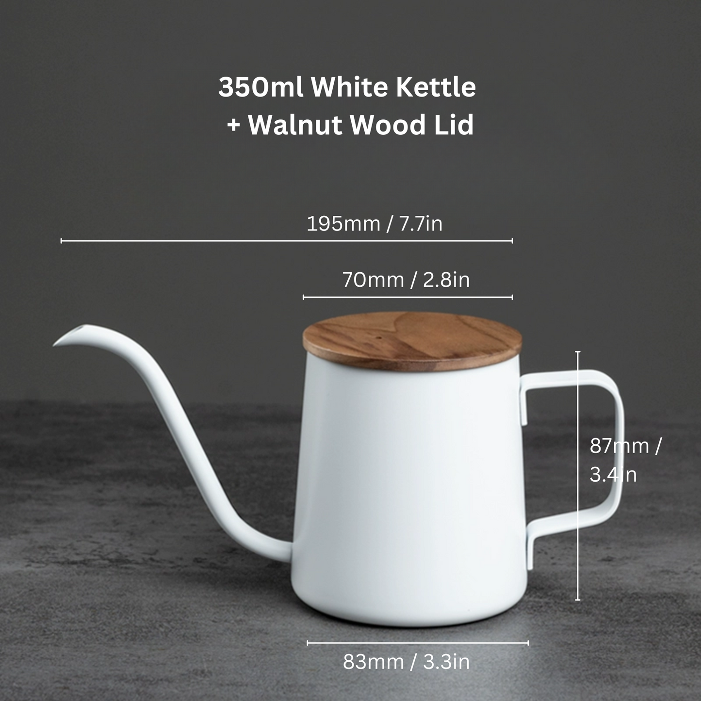 White Pour Over Coffee Kettle With Walnut Wood Lid | Gooseneck Drip Kettle 250ml / 350ml