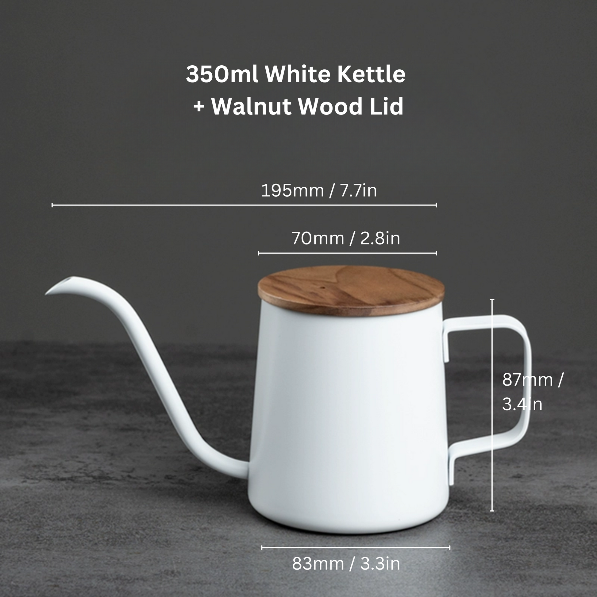 White Pour Over Coffee Kettle With Walnut Wood Lid | Gooseneck Drip Kettle 250ml / 350ml