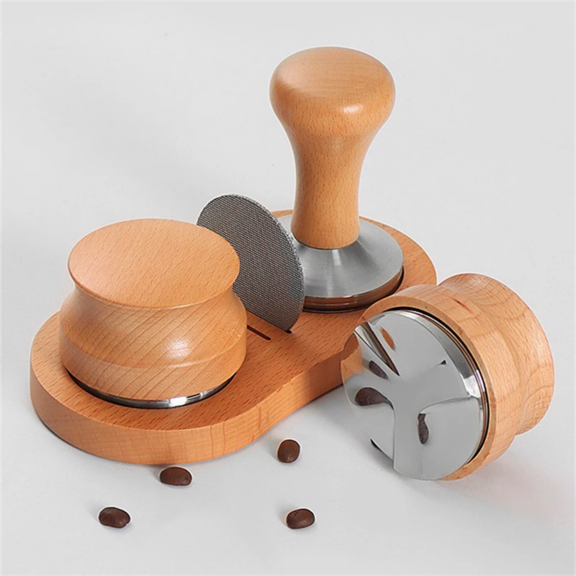 5pcs Espresso Tamper Distributor Set: Crafted in beech/light wood, this premium set includes tamper, distributor, puck screen, and stand. Gift idea for home baristas