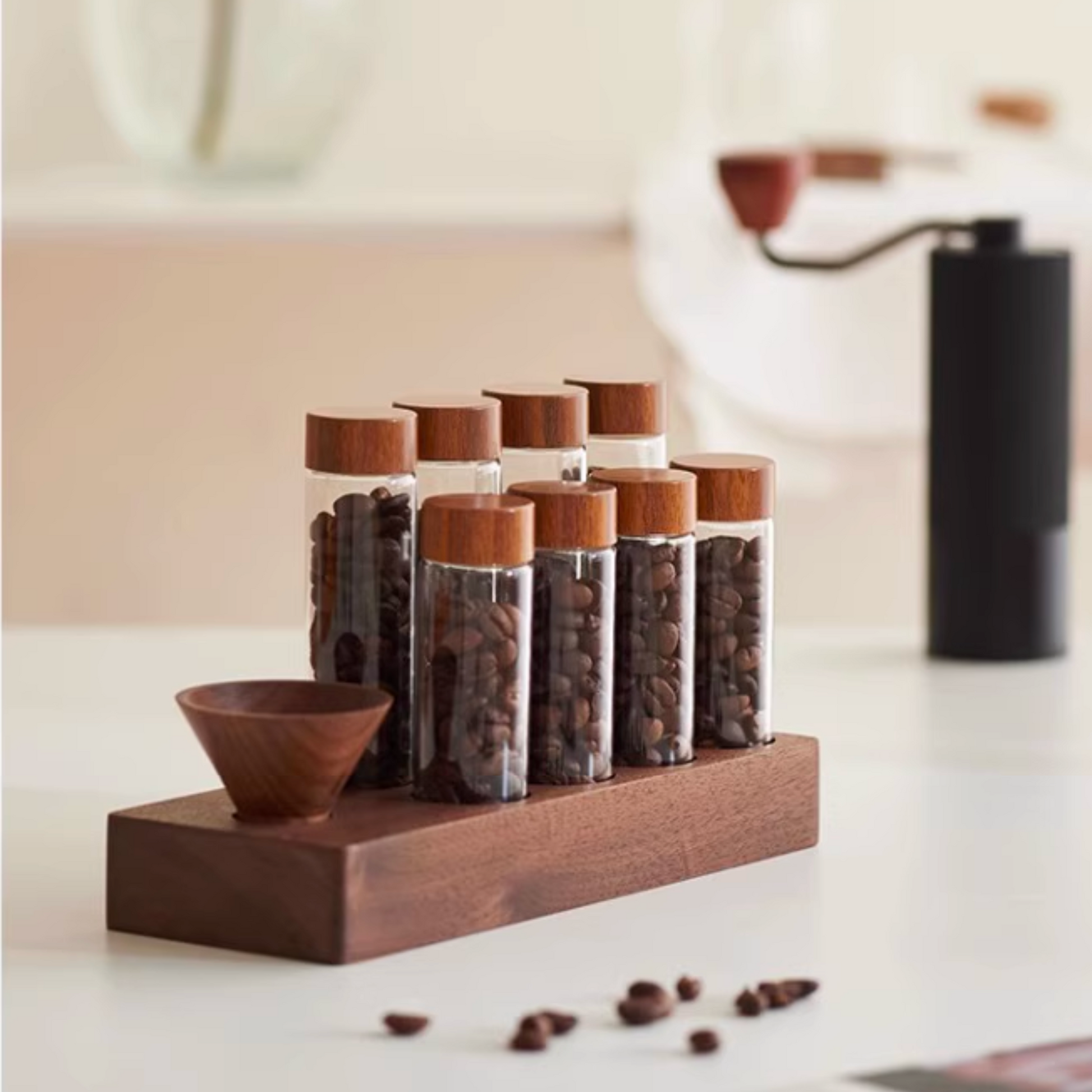 Single Dose Bean Cellar with Walnut Wood Display Rack and Funnel