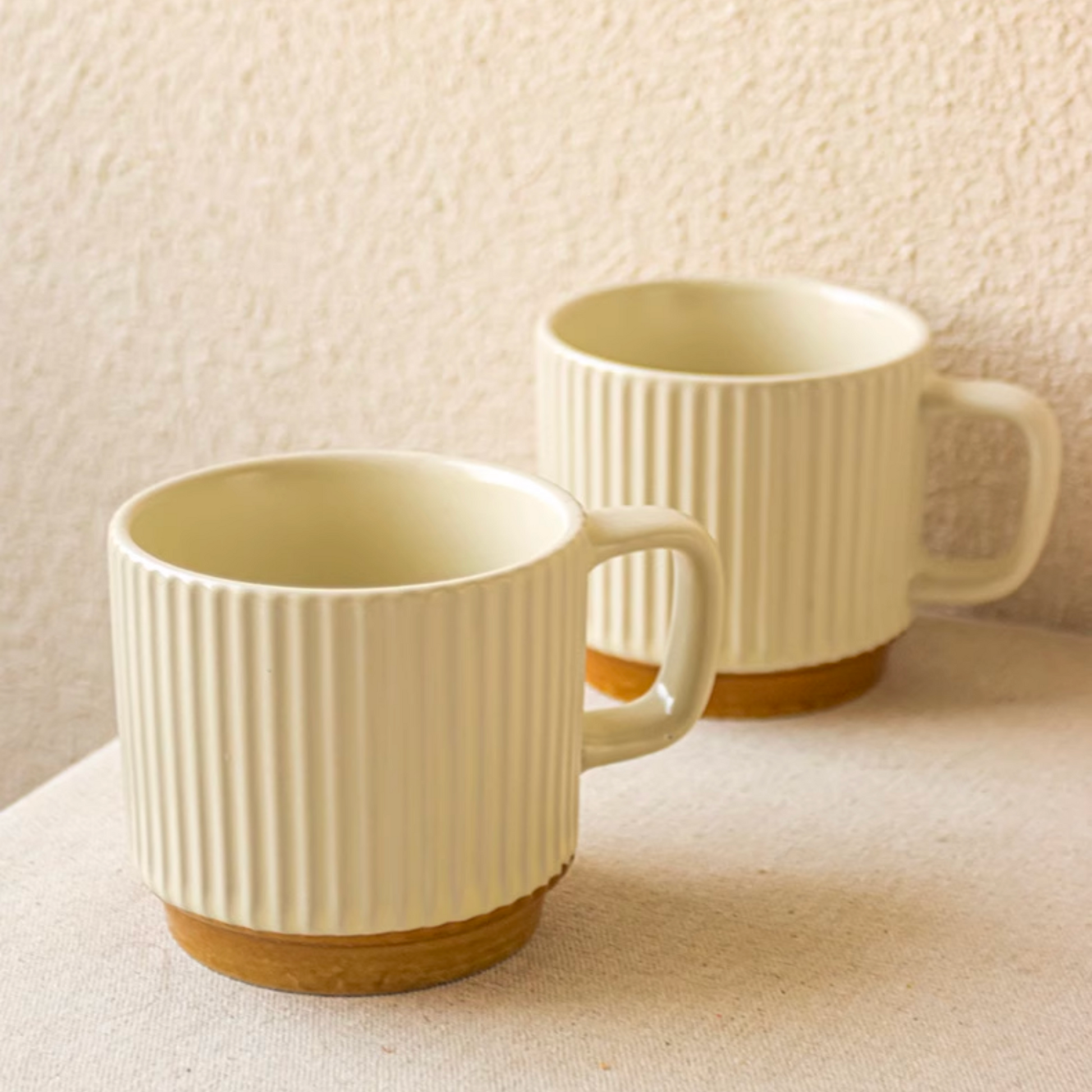 Ribbed Ceramic Mug Set of 2 | 250ML Japanese Style Retro Coffee Cup in Beige 8oz