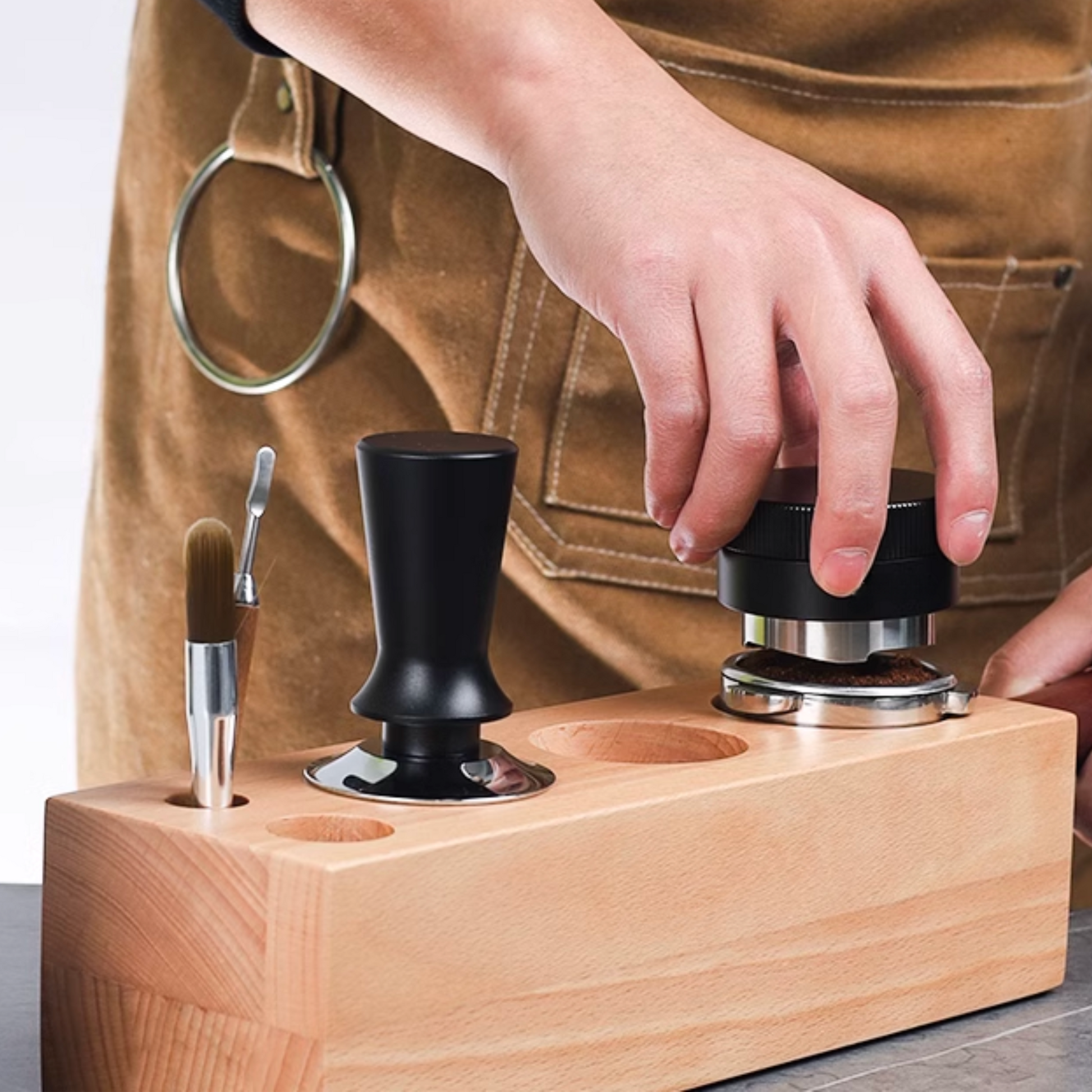 Wooden Espresso Tamping Station With slots for coffee tamper and distributor