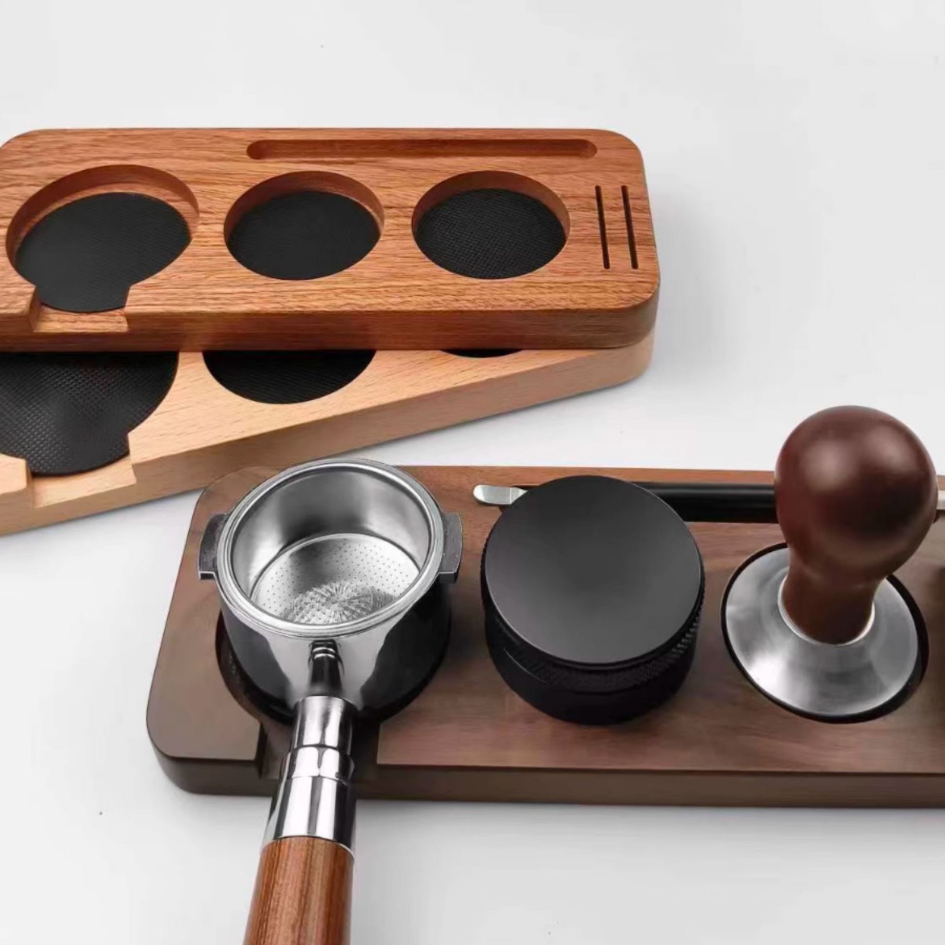 Wooden Coffee Tamper Holder with Puck Screen Slot