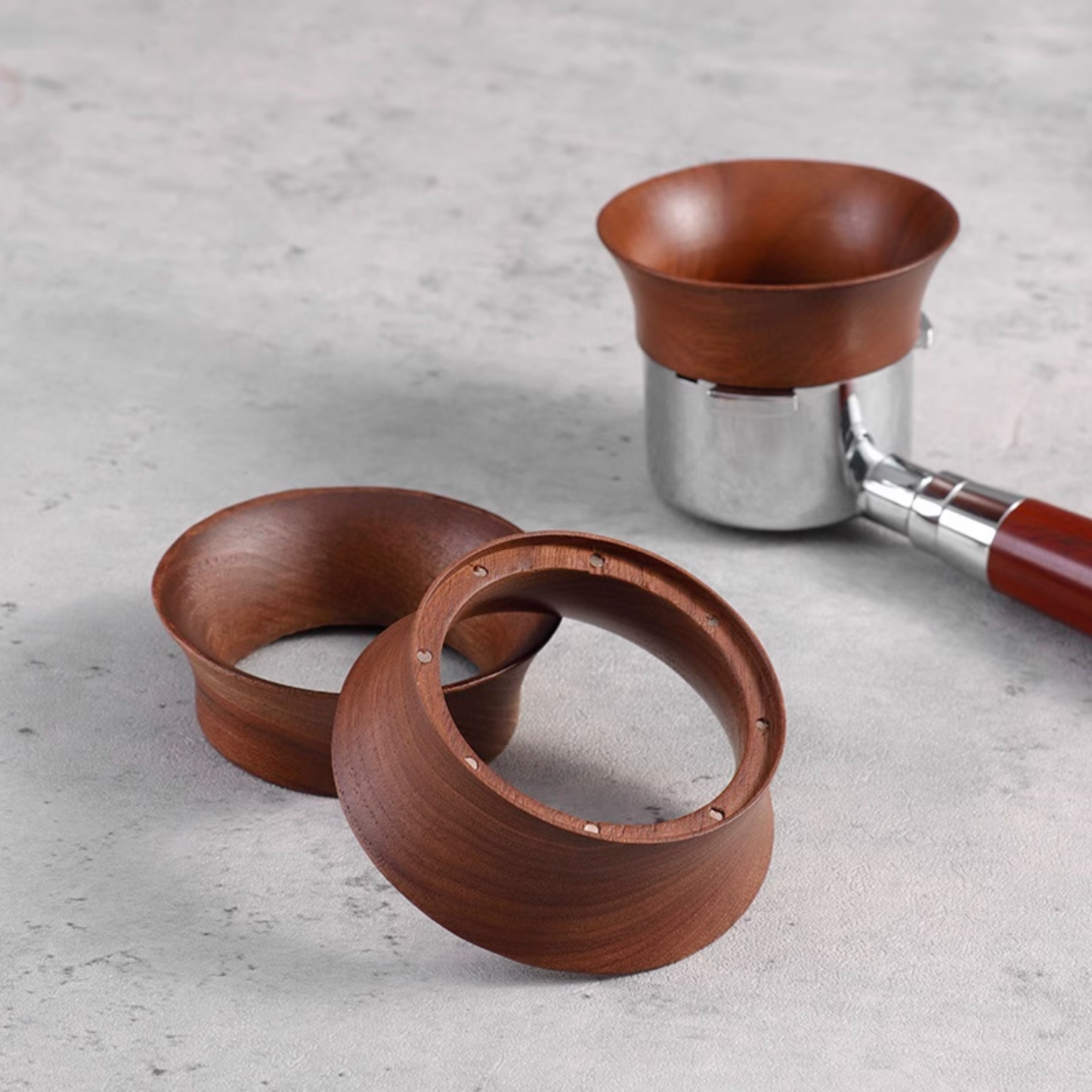 Walnut Wood Magnetic Portafilter Funnel | Coffee Catcher Dosing Ring designed for 58mm, 53mm, and 51mm portafilters for precise coffee dosing