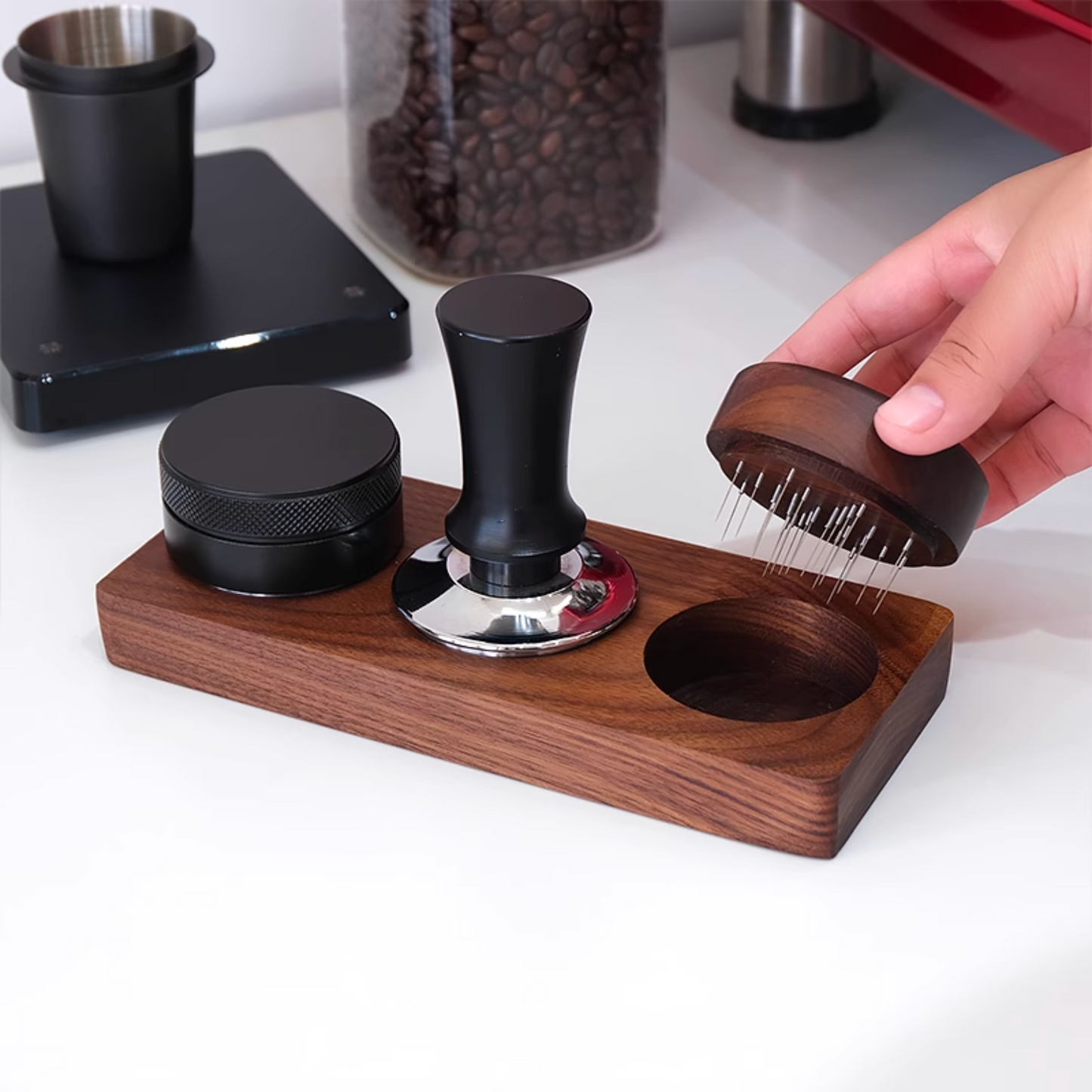 Round Walnut Wood WDT Tool With Holder | Espresso Stirrer Needle Coffee Powder Distributor For 58mm 53mm 51mm Portafilters Coffee Tamper Holder Full Set For Home Barista Father's Day Gift