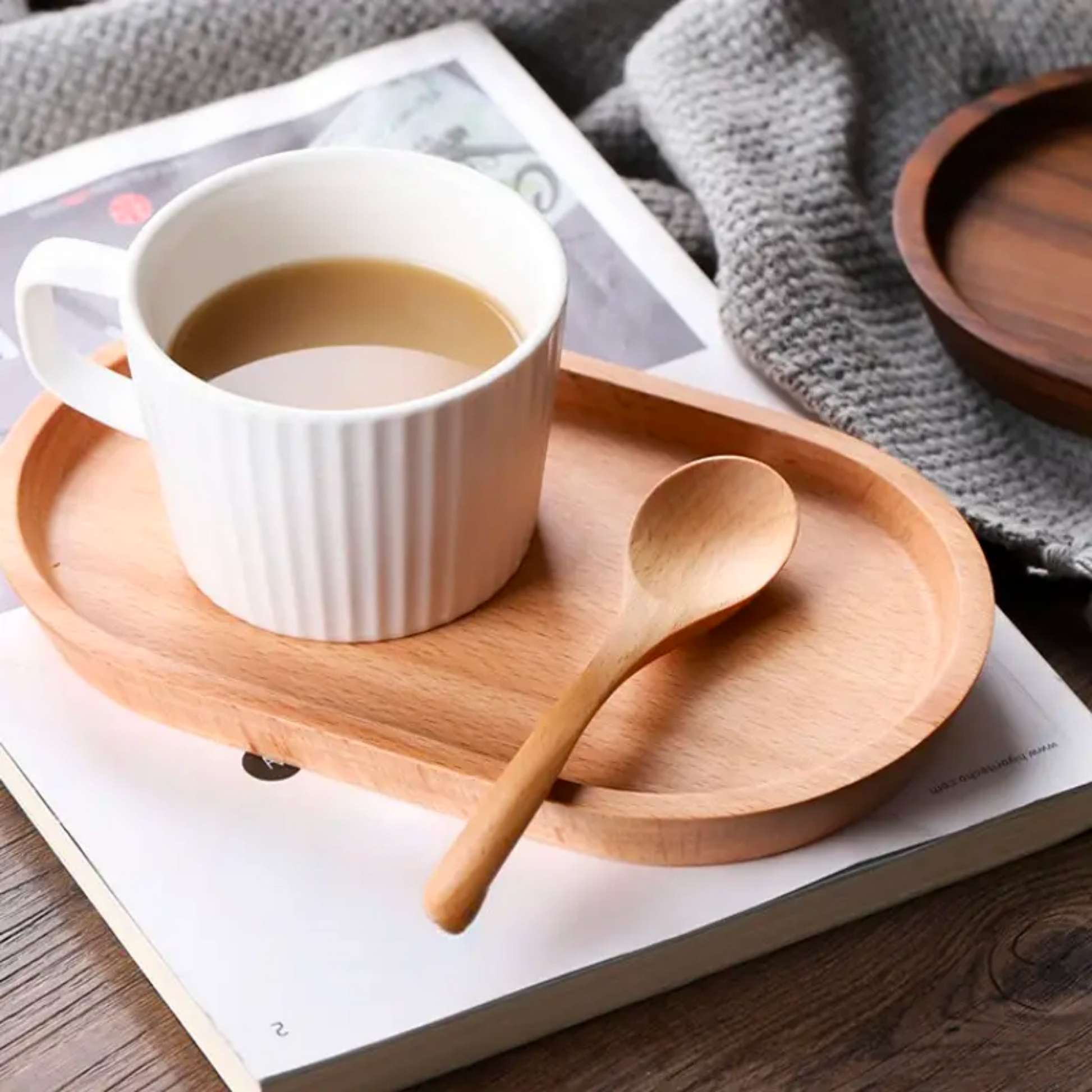 Wooden Oval Tray Set | Ceramic Cup, Teaspoon & Wood Tray Gift Set