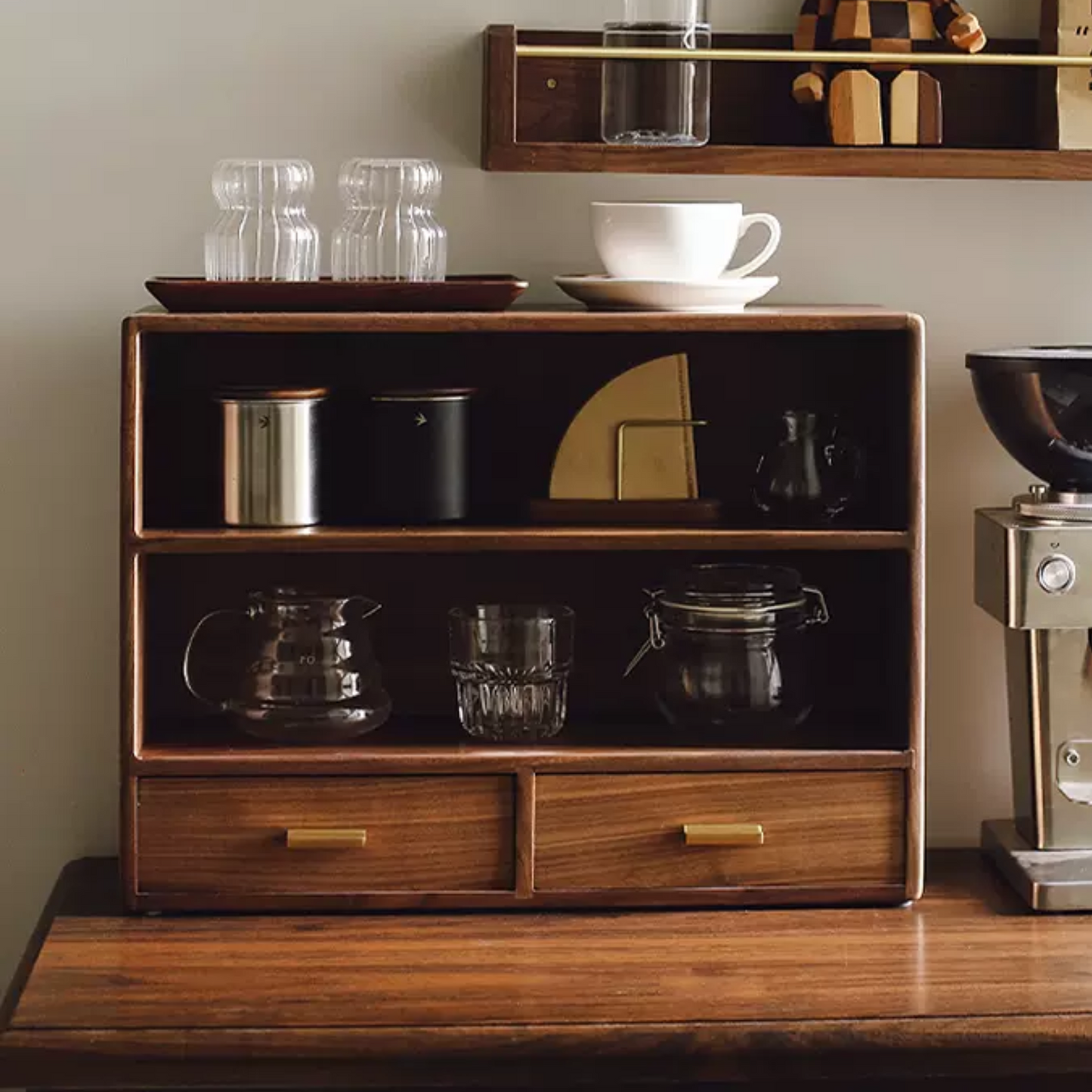 Wooden Double Shelf With Drawers | Large Rustic 2 Tier Storage Cabinet 52 x 18 x 38.5cm