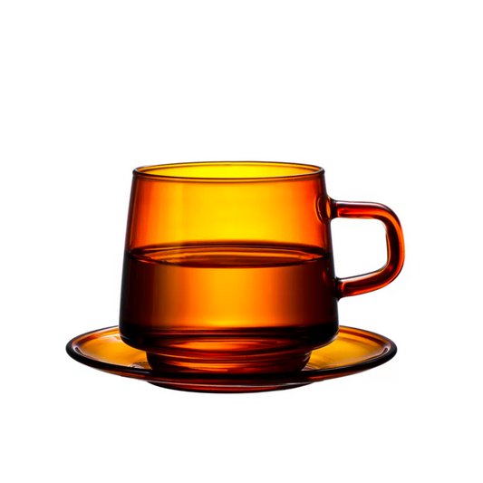 Handblown Amber Glass Cup and Saucer Set
