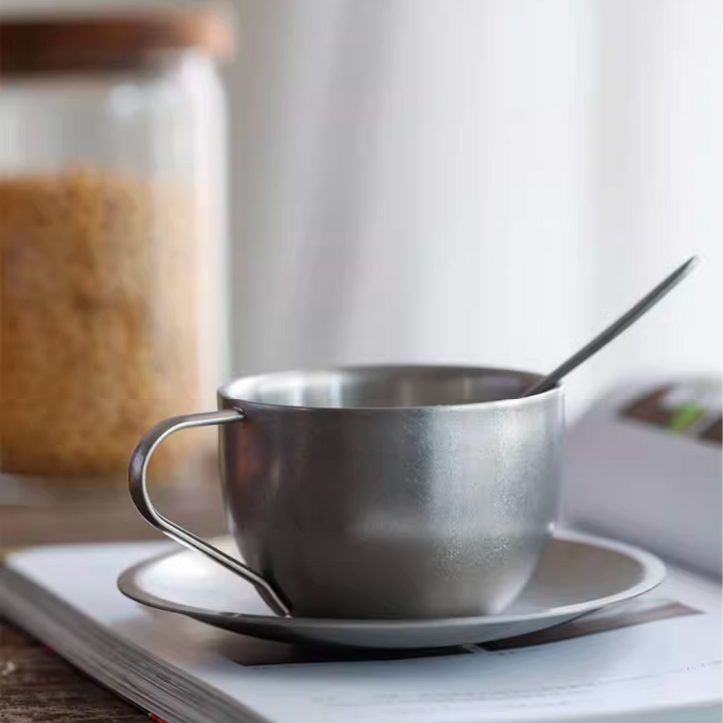 Retro Steel Coffee Cup with Saucer and Spoon - 180ml | 6oz Cappuccino Cup Coffee Ware Chrome Metal Coffee Mug