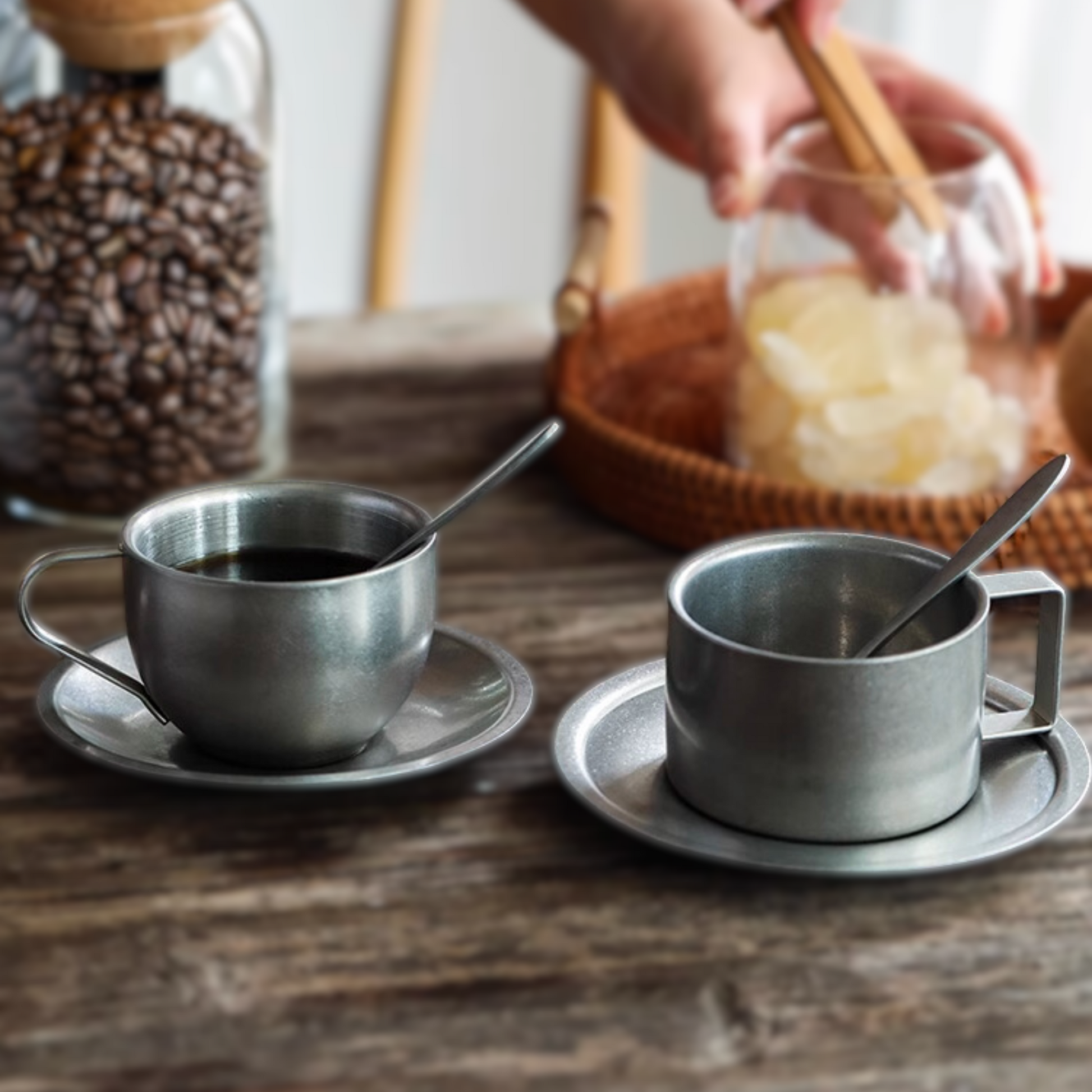 Retro Steel Coffee Cup with Saucer and Spoon - 200ml | Vintage Cup Set Chrome Metal Mug Cappucino Cup