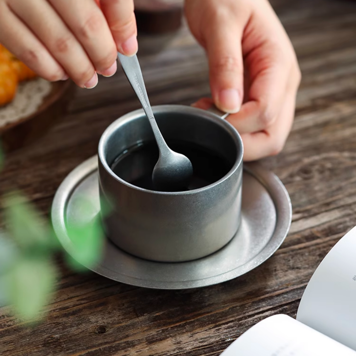 Retro Steel Coffee Cup with Saucer and Spoon - 200ml | Vintage Cup Set Chrome Metal Mug Cappucino Cup