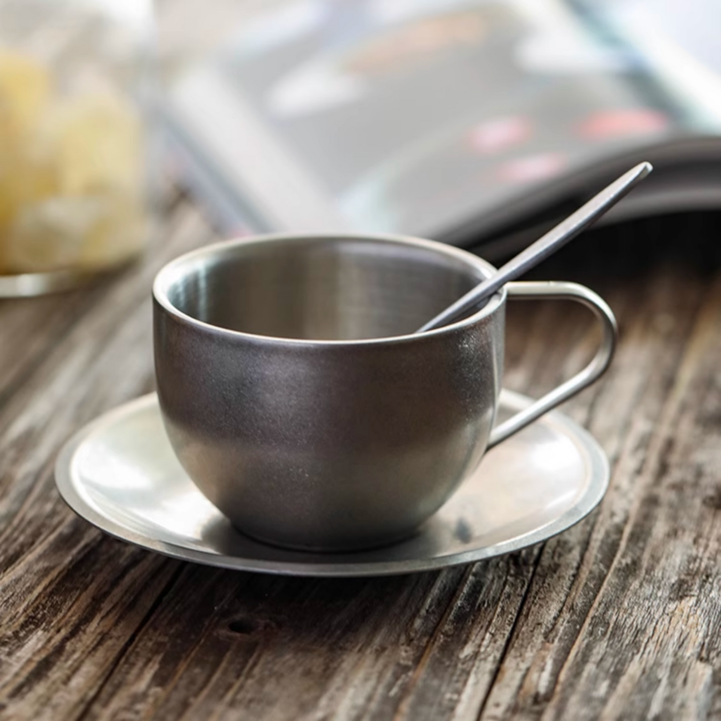 Retro Steel Coffee Cup with Saucer and Spoon - 180ml | 6oz Cappuccino Cup Coffee Ware Chrome Metal Coffee Mug