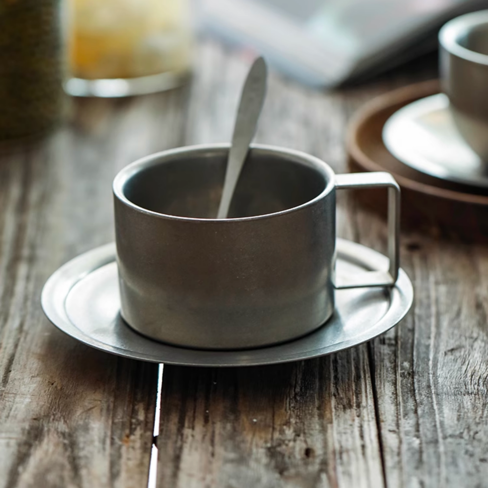 Retro Steel Coffee Cup with Saucer and Spoon - 200ml | Vintage Cup Set Chrome Metal Mug Cappucino Cup