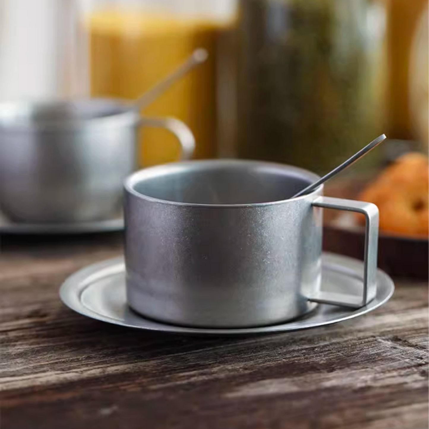 Retro Steel Coffee Cup with Saucer and Spoon - 200ml | Vintage Cup Set Chrome Metal Mug Cappucino Cup