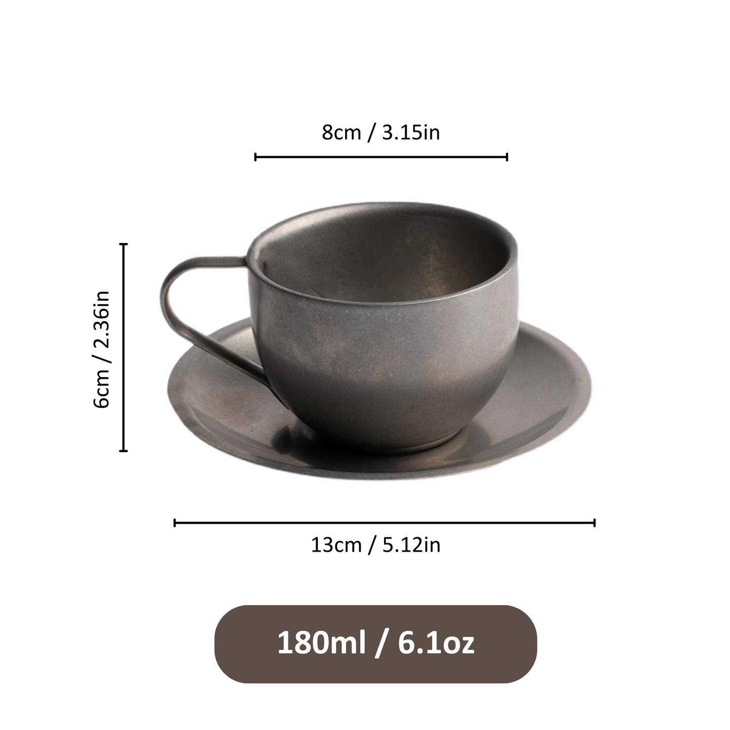 Retro Steel Coffee Cup with Saucer and Spoon - 180ml | 6oz Cappuccino Cup Coffee Ware Chrome Metal Coffee Mug