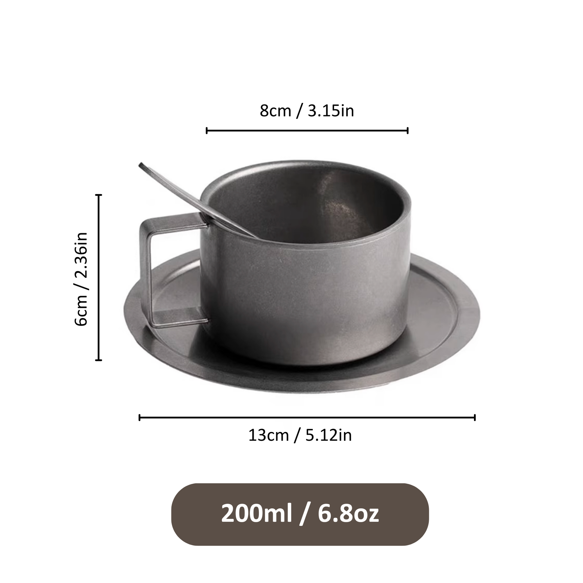 Retro Steel Coffee Cup with Saucer and Spoon - 200ml | Vintage Cup Set Chrome Metal Mug Cappucino Cup