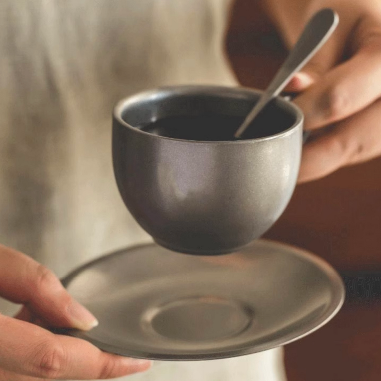 Retro Steel Coffee Cup with Saucer and Spoon - 180ml | 6oz Cappuccino Cup Coffee Ware Chrome Metal Coffee Mug