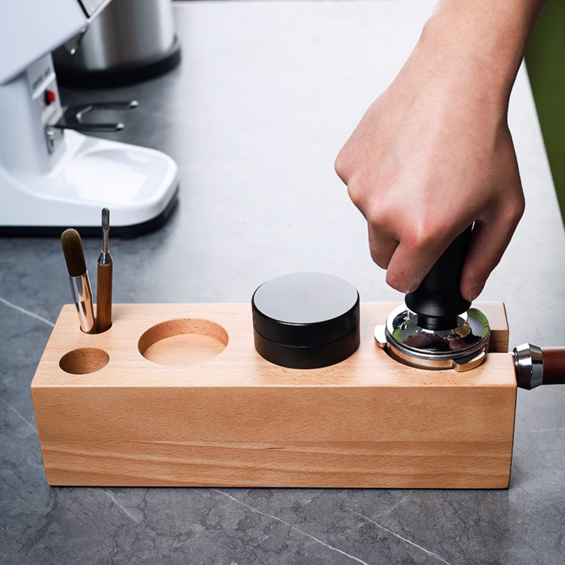 Wooden Espresso Tamping Station With slots for coffee tamper and distributor