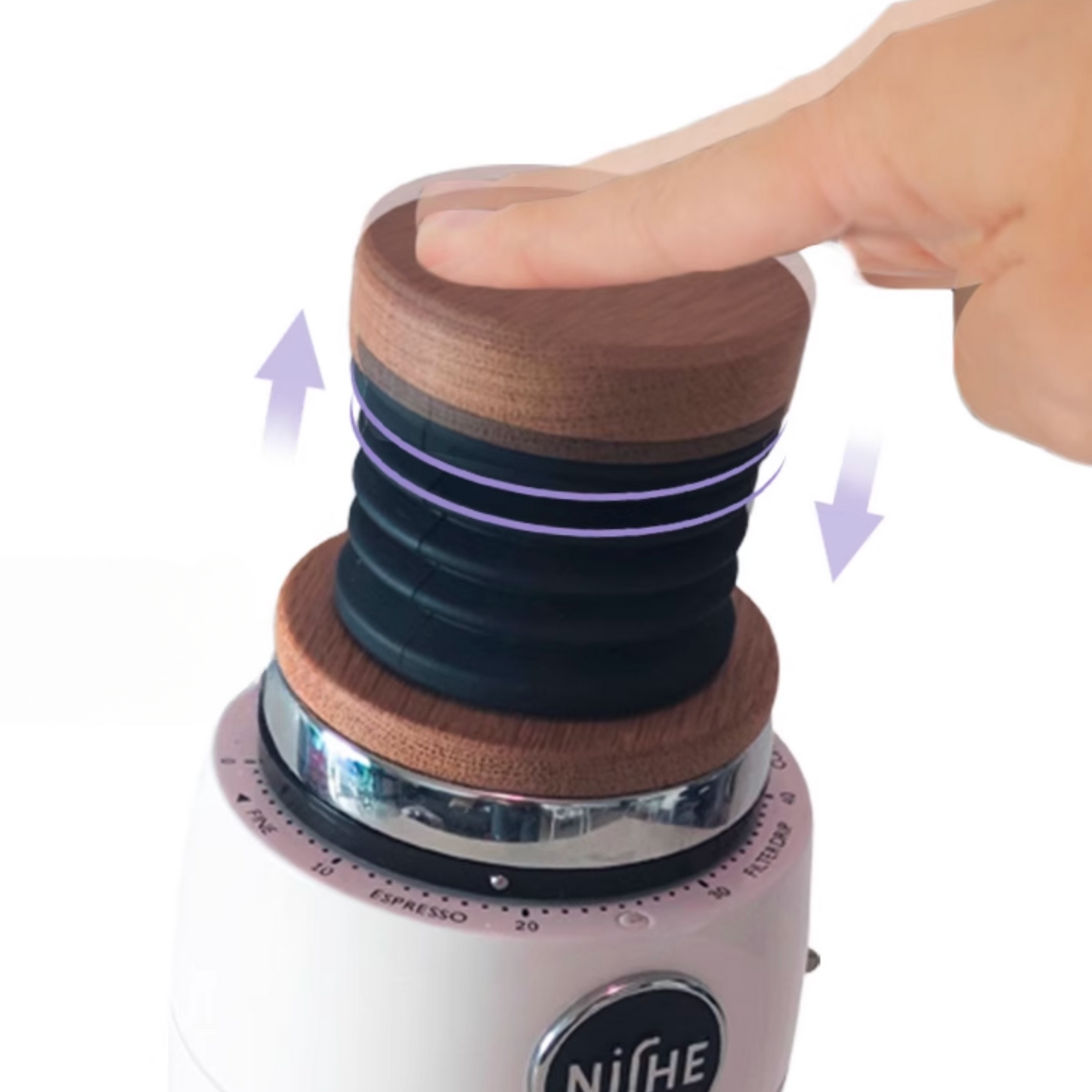 Niche Zero Grinder Bellows And Wooden Lid. Press Clean and Dispense Coffee Simultaneously.