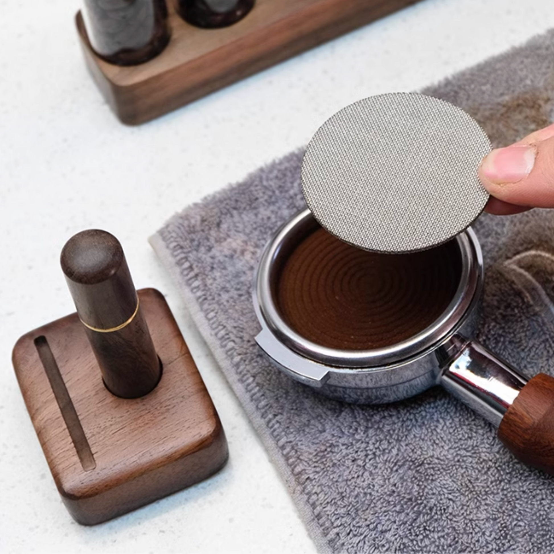 Walnut Wood Stand Set with Puck Screen and WDT Tool | Home Barista Tools