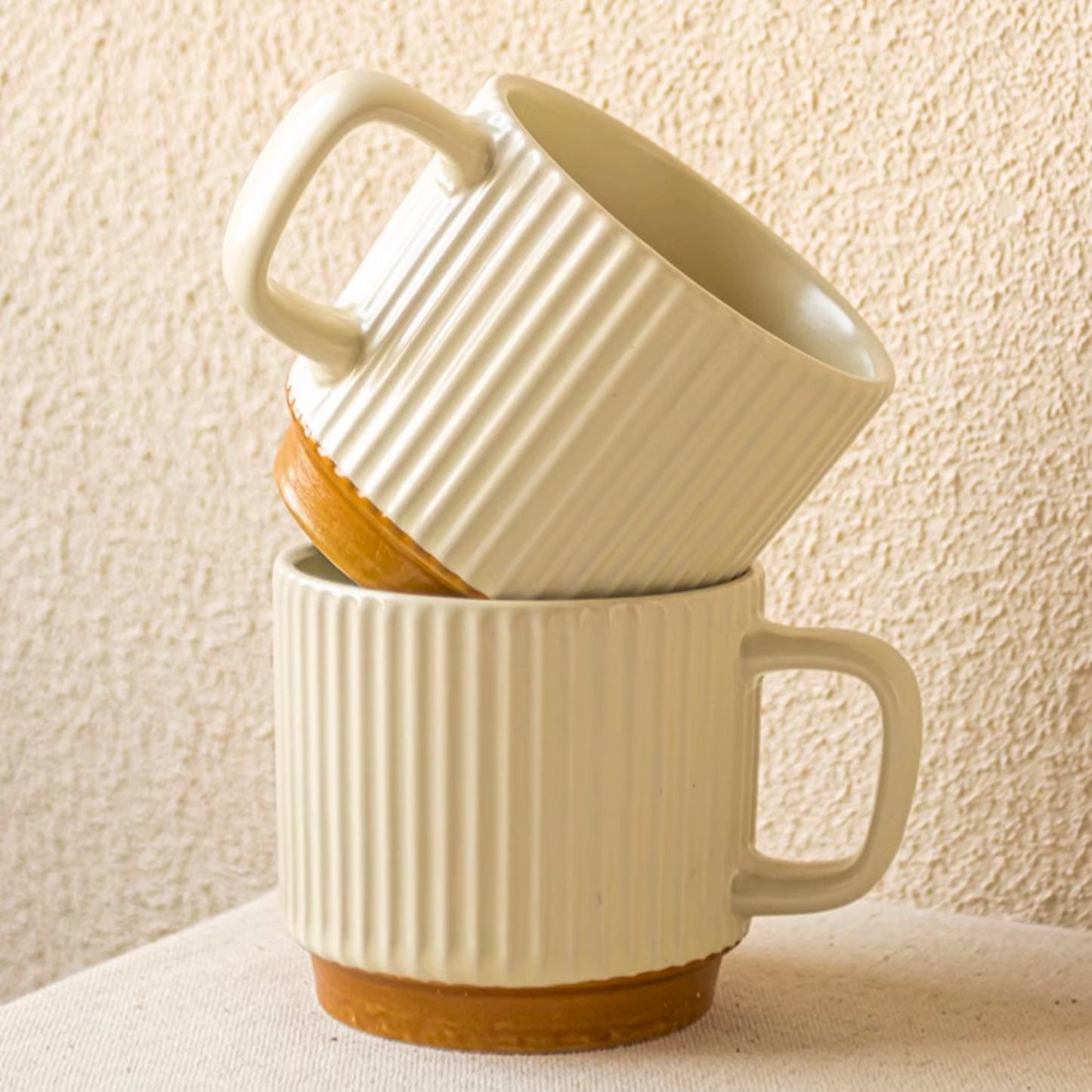 Ribbed Ceramic Mug Set of 2 | 250ML Japanese Style Retro Coffee Cup in Beige 8oz