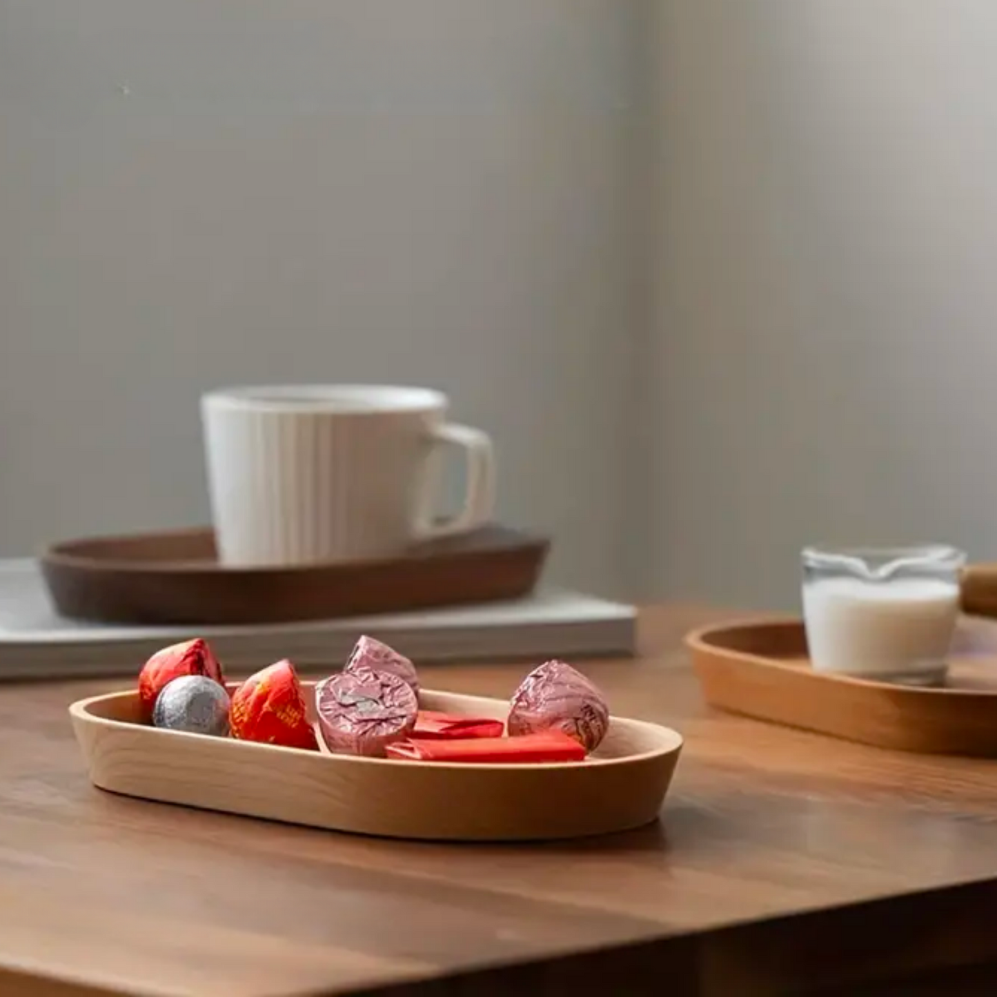 Wooden Oval Tray Set | Ceramic Cup, Teaspoon & Wood Tray Gift Set
