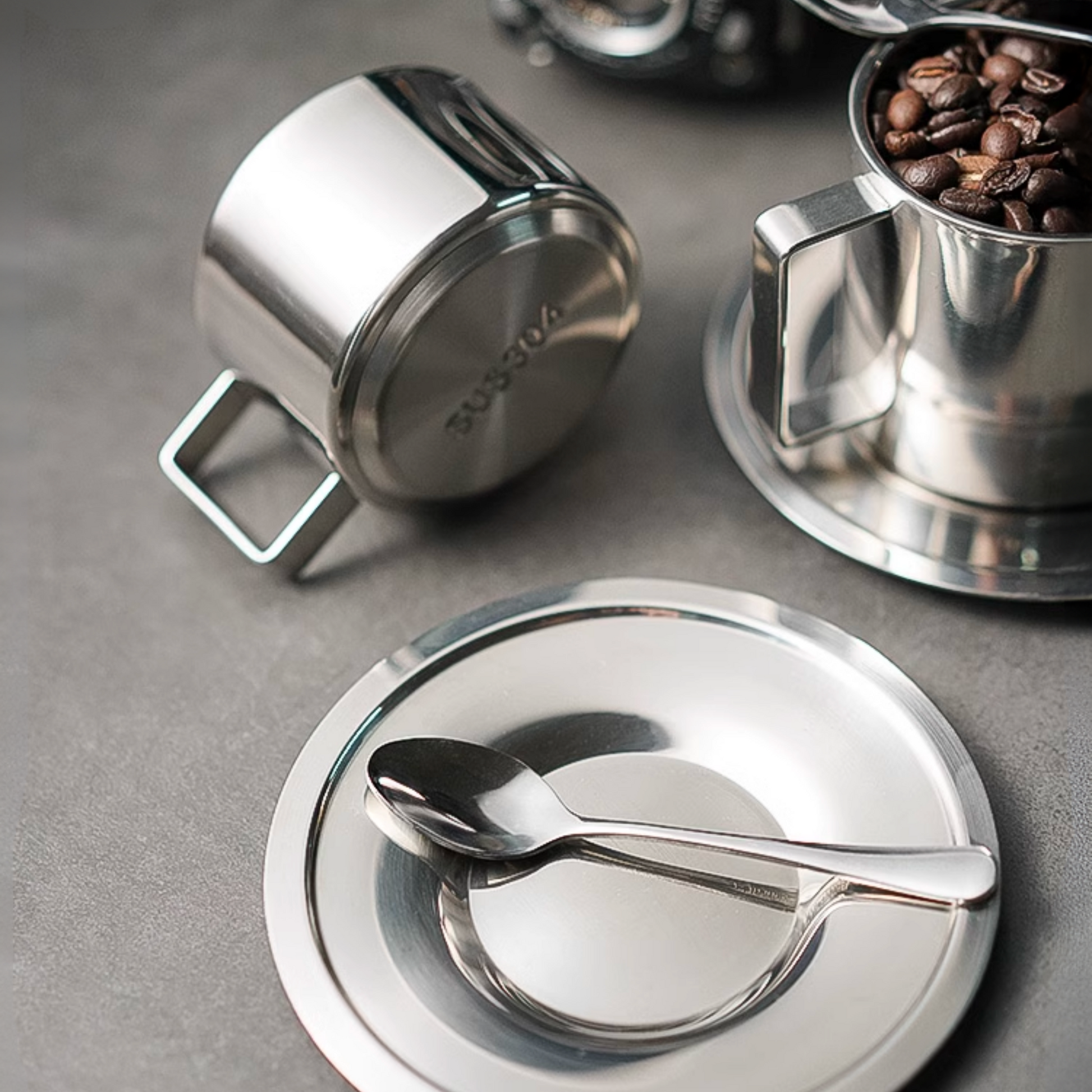 Mirror Steel Coffee Cup with Saucer and Spoon | Metal Cappucino Cup Set Gift For Him Airbnb Host