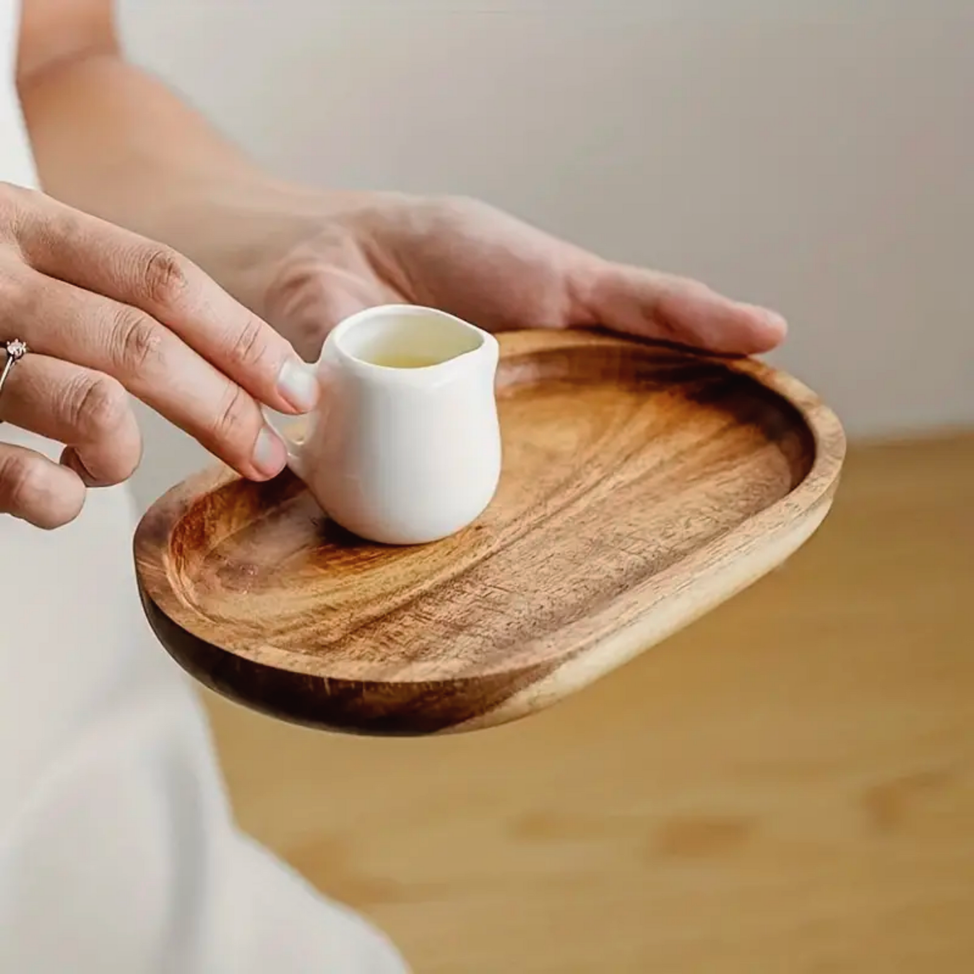 Wooden Oval Tray Set | Ceramic Cup, Teaspoon & Wood Tray Gift Set