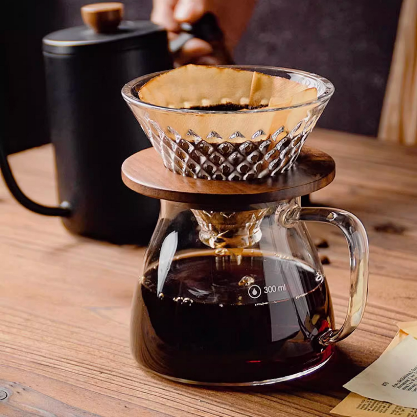 Glass Coffee Dripper Set With Walnut Holder & Coffee Server