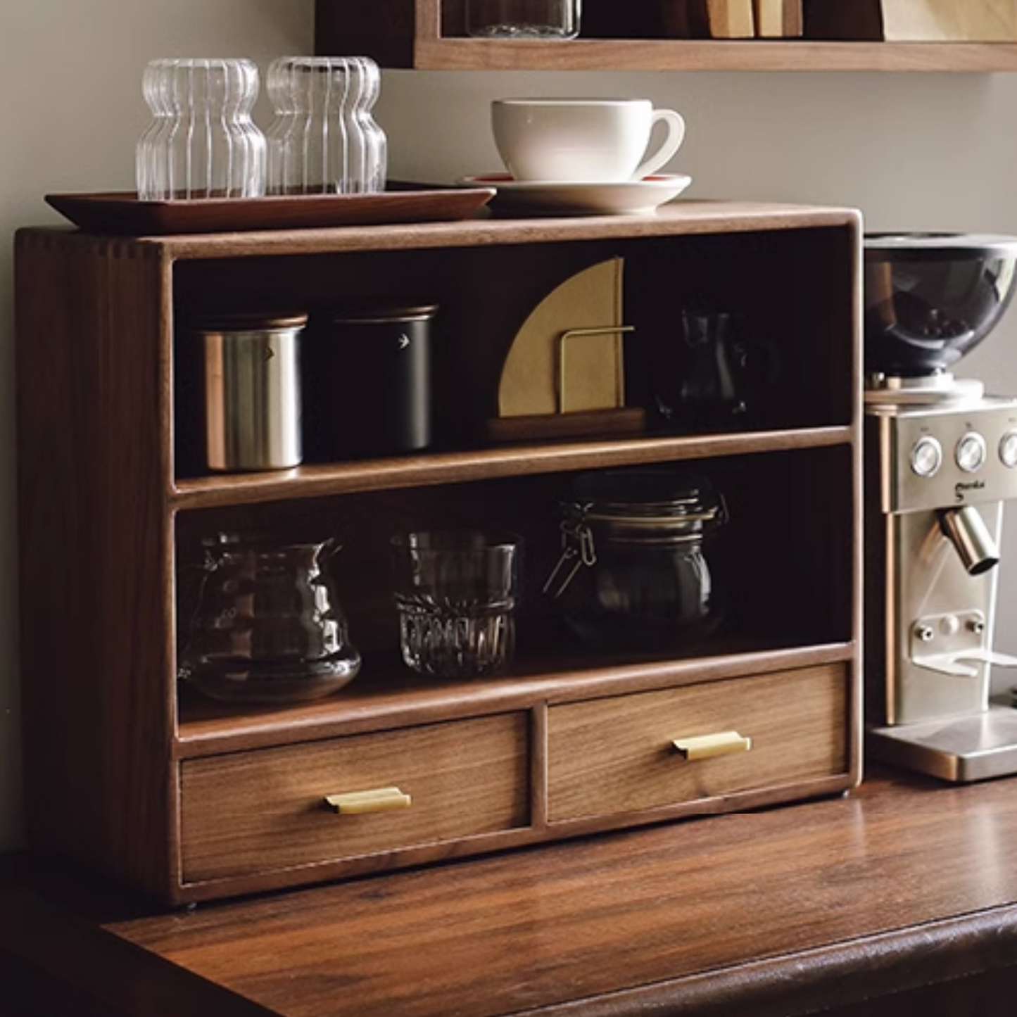 Wooden Double Shelf With Drawers | Large Rustic 2 Tier Storage Cabinet 52 x 18 x 38.5cm