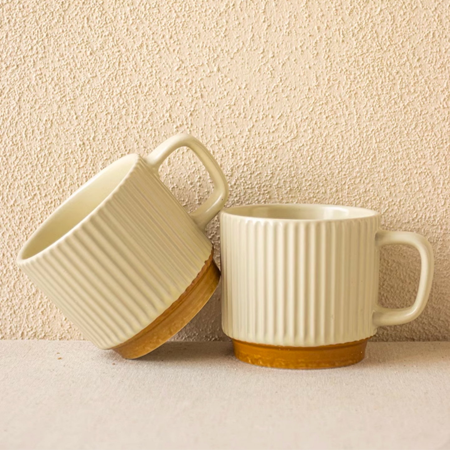 Ribbed Ceramic Mug Set of 2 | 250ML Japanese Style Retro Coffee Cup in Beige 8oz