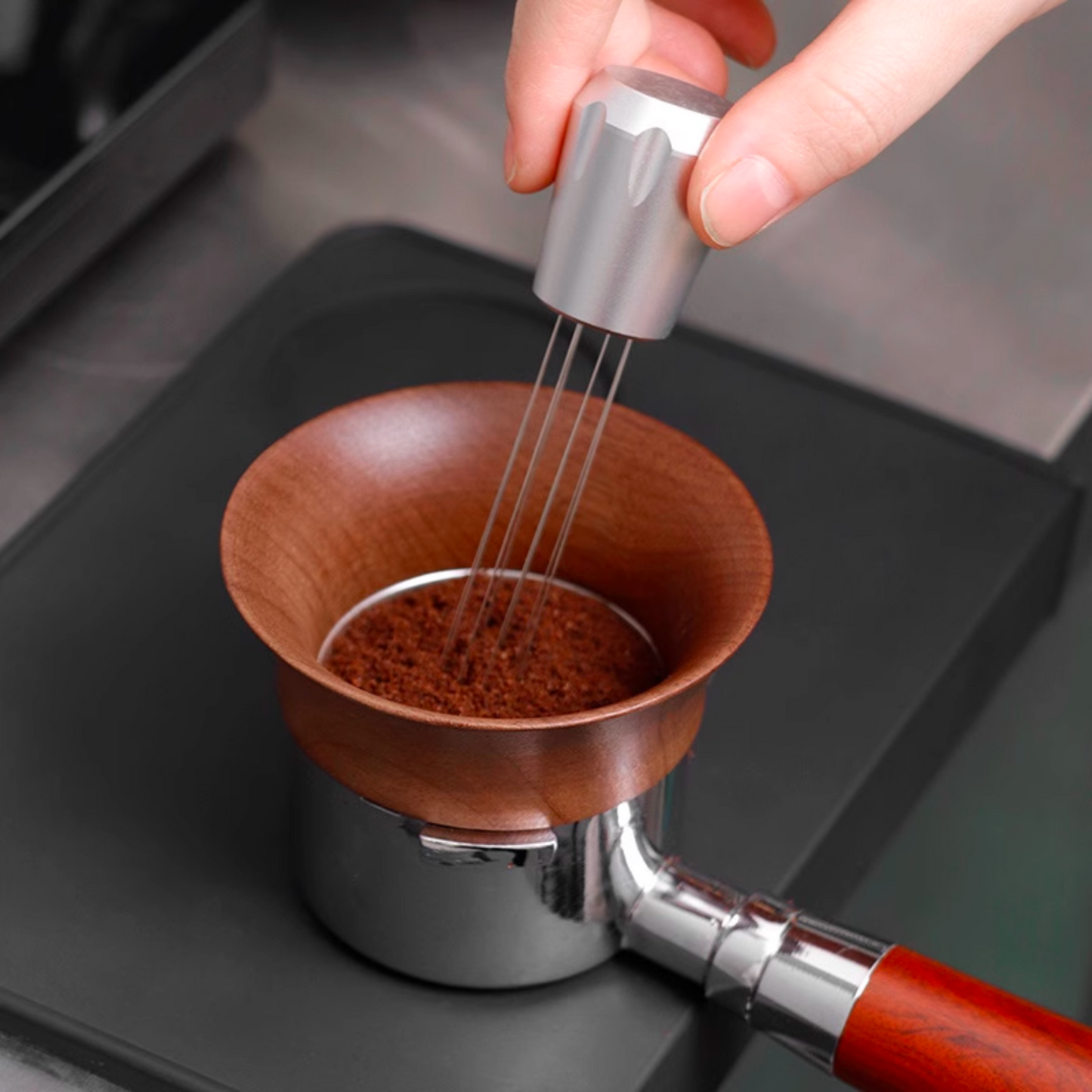 Walnut Wood Magnetic Dosing FuWalnut Wood Magnetic Portafilter Funnel | Coffee Catcher Dosing Ring designed for 58mm, 53mm, and 51mm portafilters for precise coffee dosingnnel