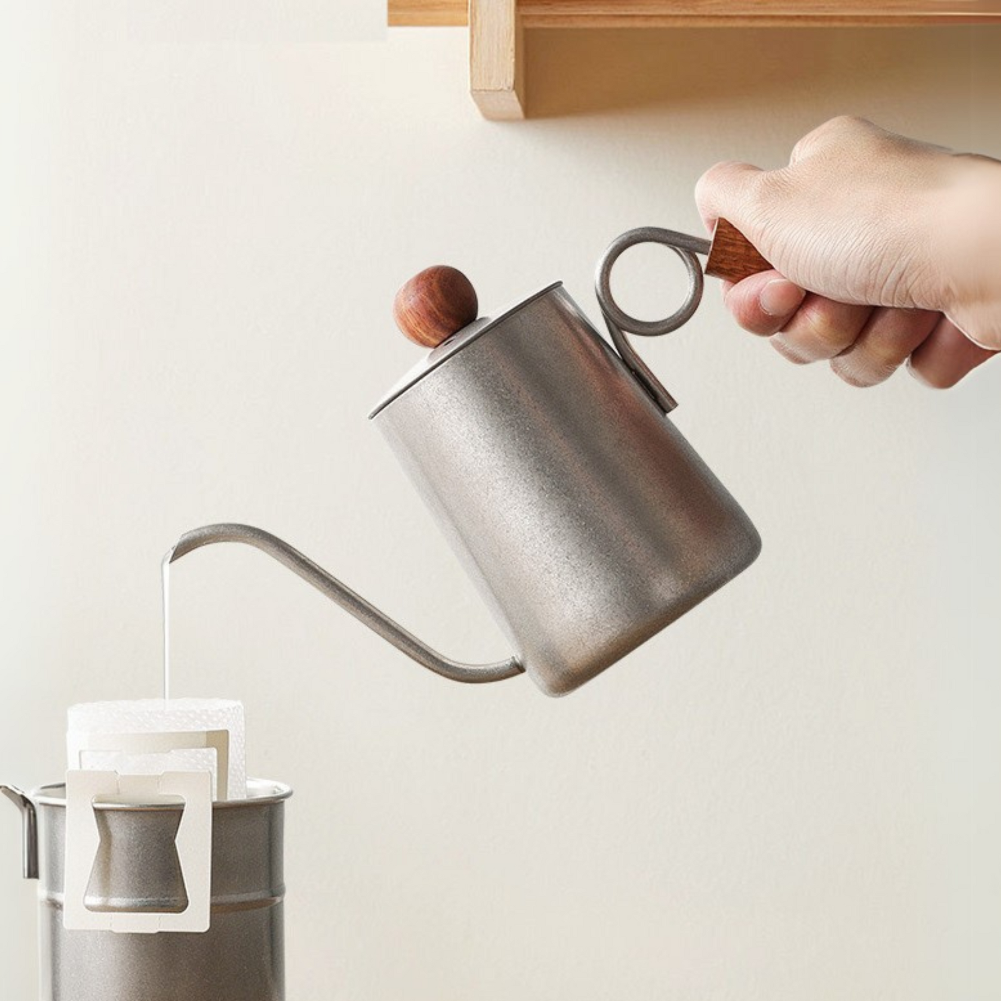 Silver Gooseneck Pour Over Kettle with Wood Handle | Hand Drip Coffee Kettle With Wood Knob Lid