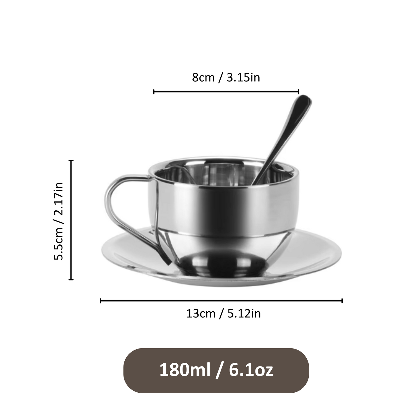 Mirror Steel Coffee Cup with Saucer and Spoon - 180ml | Metal Tea Cup Chrome Metal Coffee Mug Gift Set