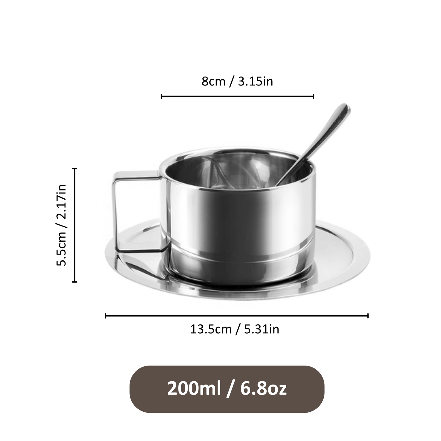 200ml Mirror Steel Coffee Cup with Saucer and Spoon | Metal Cappucino Cup Set Gift For Him Airbnb Host