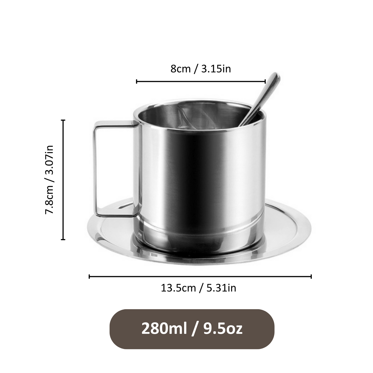 280ml Mirror Steel Coffee Cup with Saucer and Spoon | Metal Cappucino Cup Set Gift For Him Airbnb Host