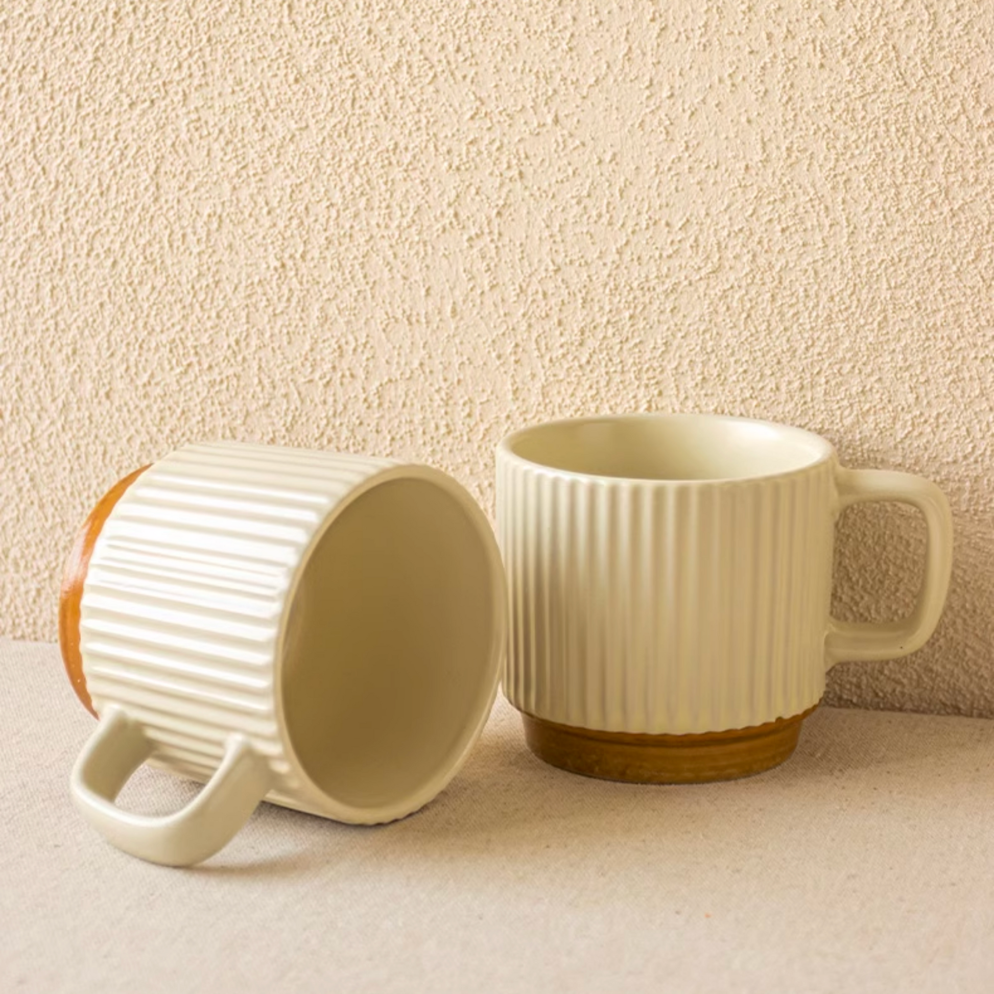 Ribbed Ceramic Mug | 250ML Japanese Style Retro Coffee Cup in Beige 8oz