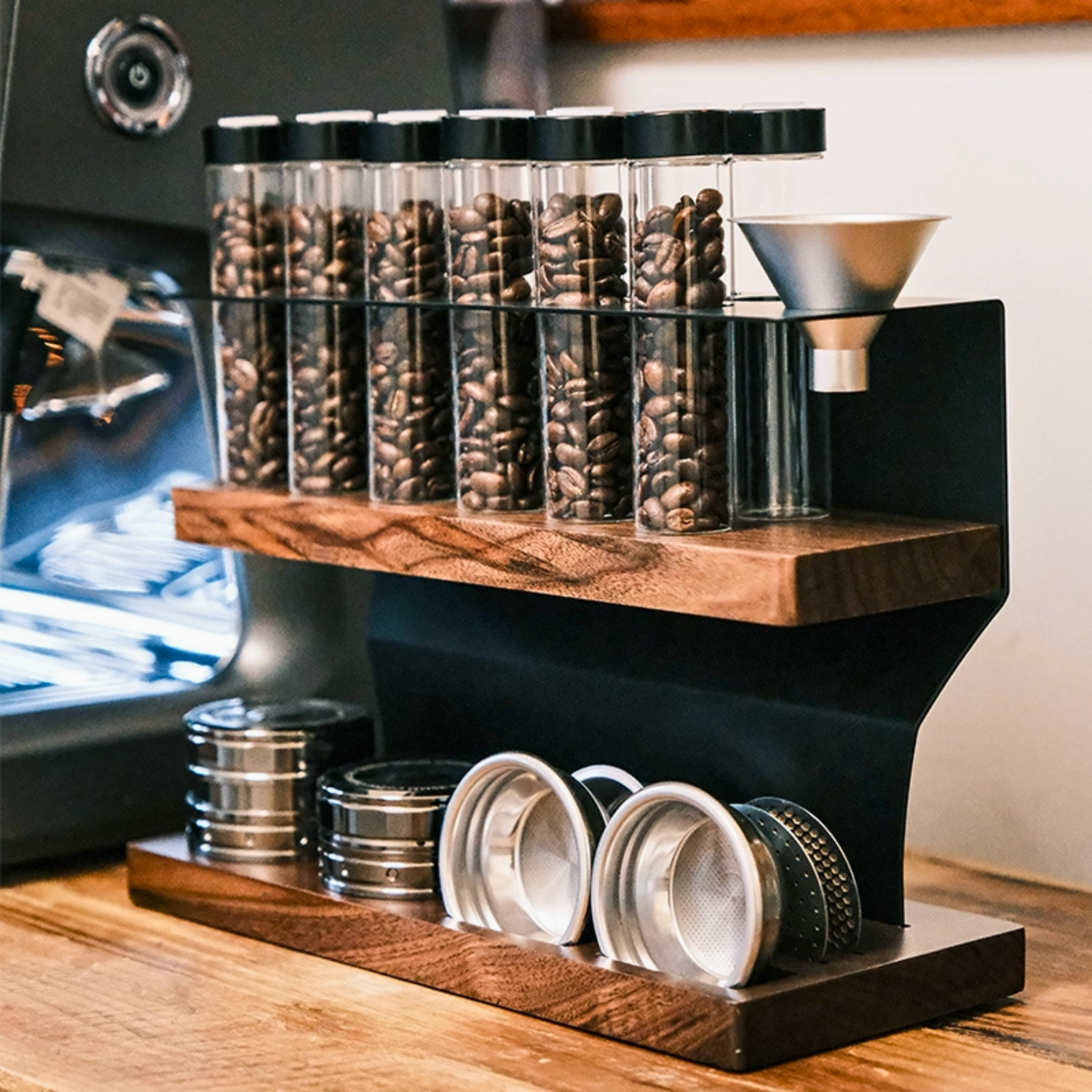 Coffee Bean Storage and Espresso Tools Rack Set | Barista Accessories Coffee Beans Storage Container Display Rack Walnut Tea Tube Bottle Glass Espresso Coffee Accessories