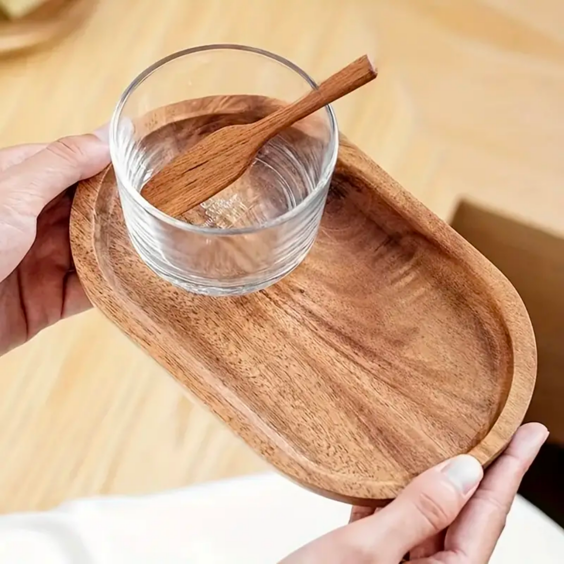 Wooden Oval Tray Set | Ceramic Cup, Teaspoon & Wood Tray Gift Set